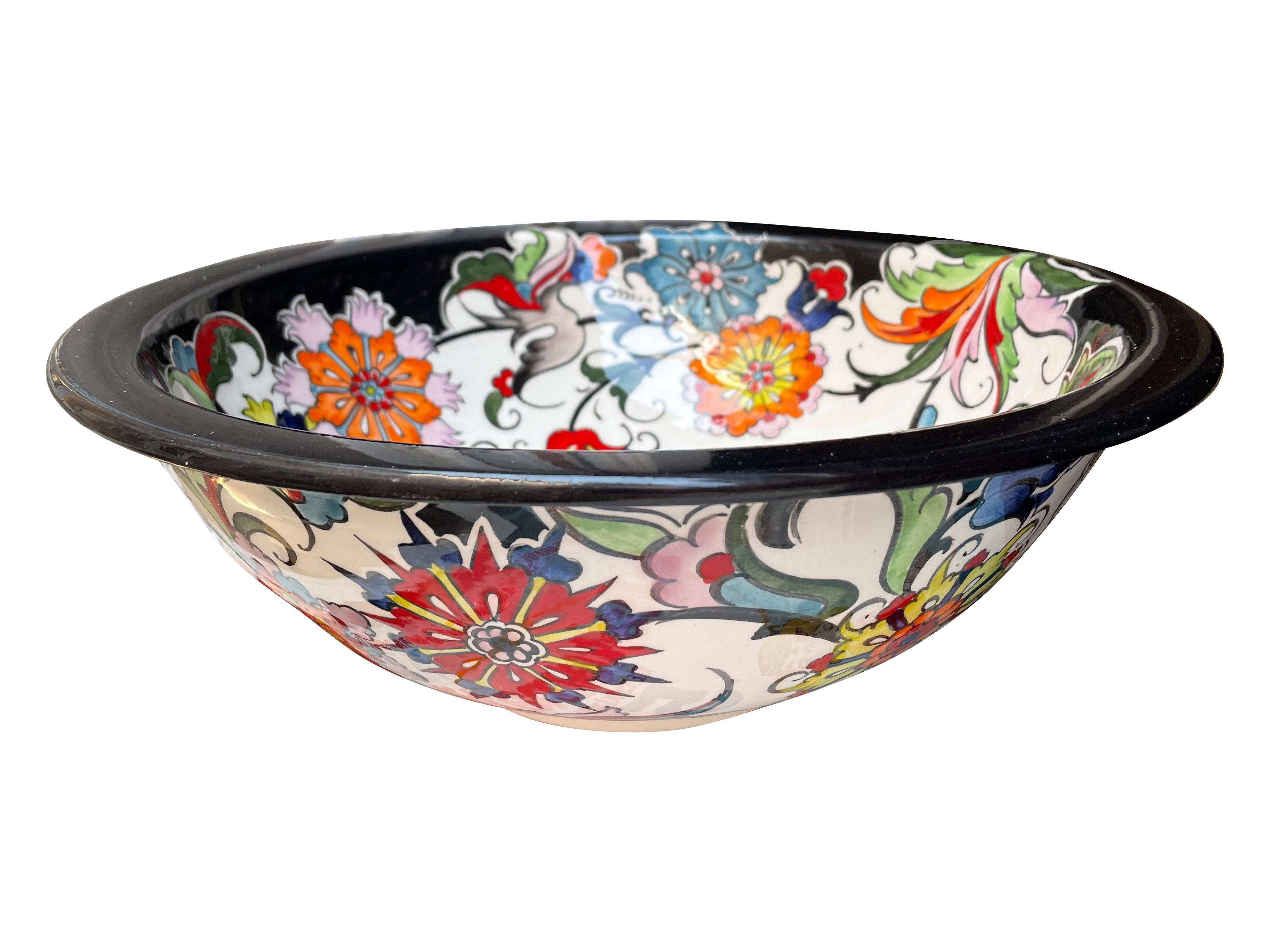 Hand Painted Bathroom Ceramic Vessel Sink Countertop - Multicolor Flowers with Black Rim