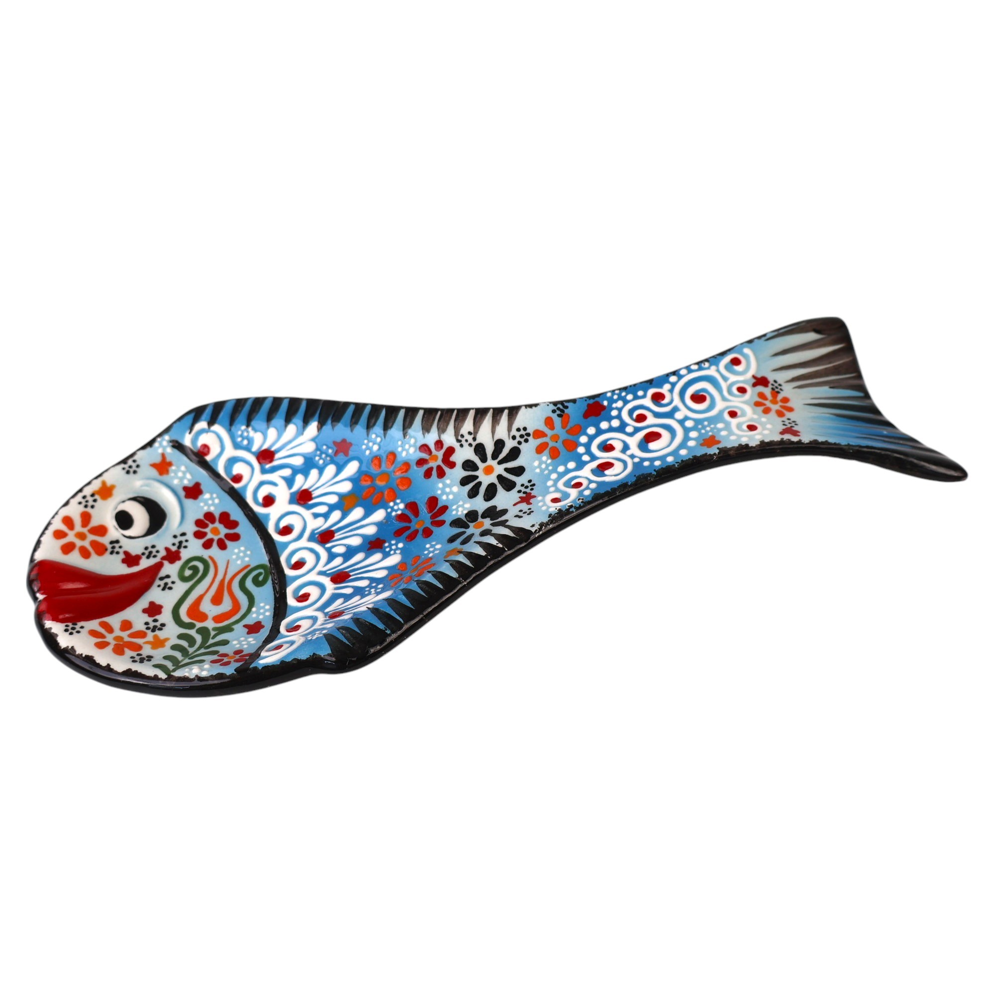 Handcrafted Fish Shaped Ceramic Spoon Rest - Raised Relief Floral Patterns (Variety of Colors) - Blue