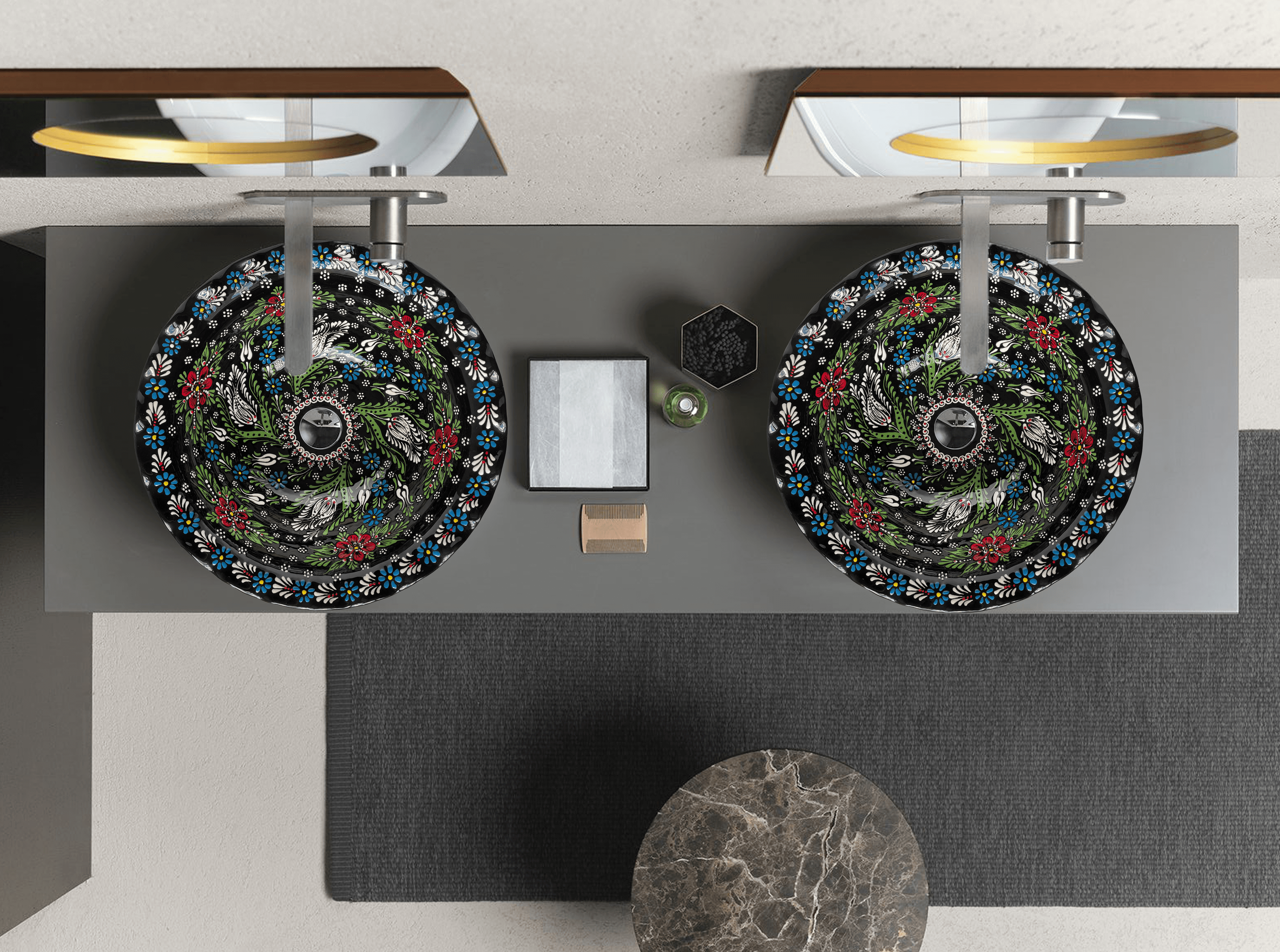 Hand Painted Bathroom Ceramic Vessel Sink Countertop - Relief Flowers