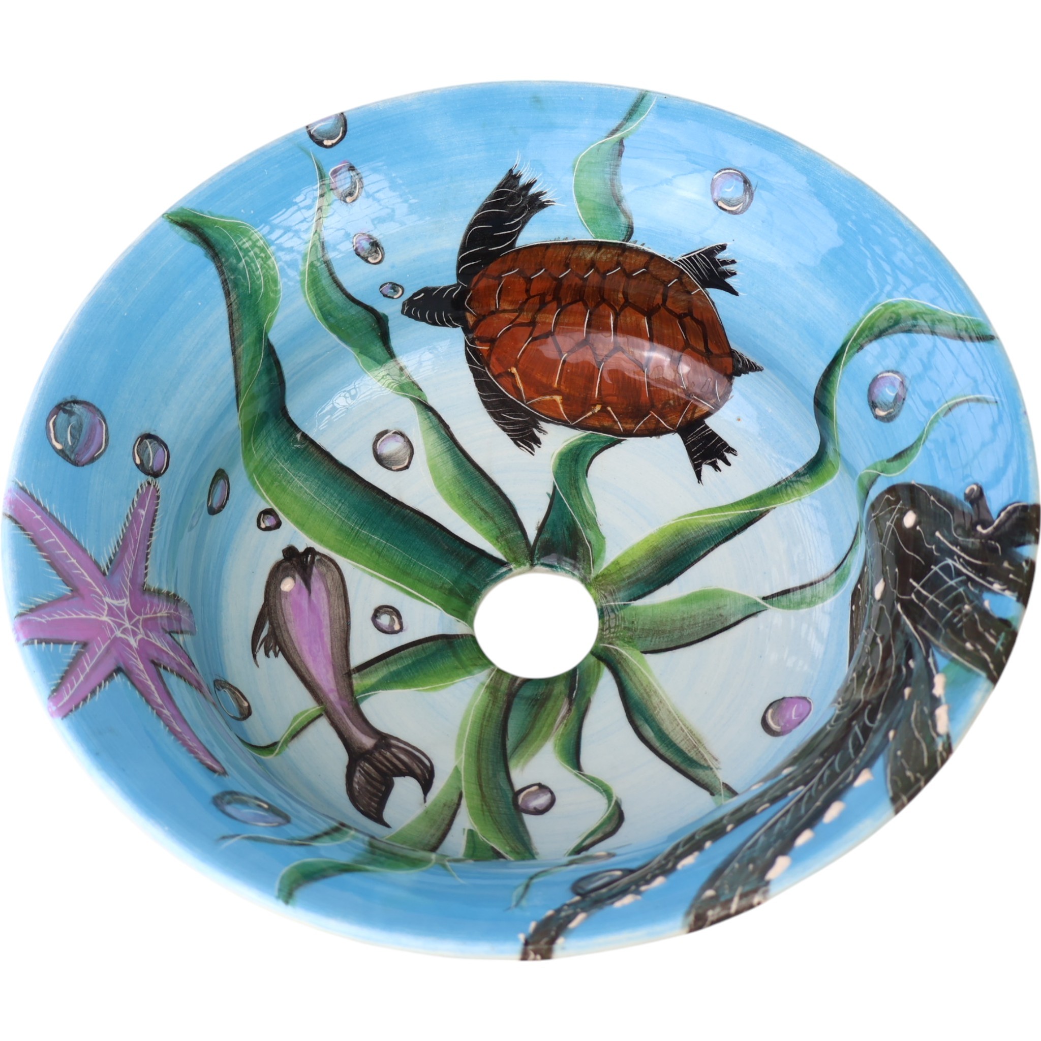 Bathroom Vessel Round Sink Basin - Octopus and Sea Turtle Pattern