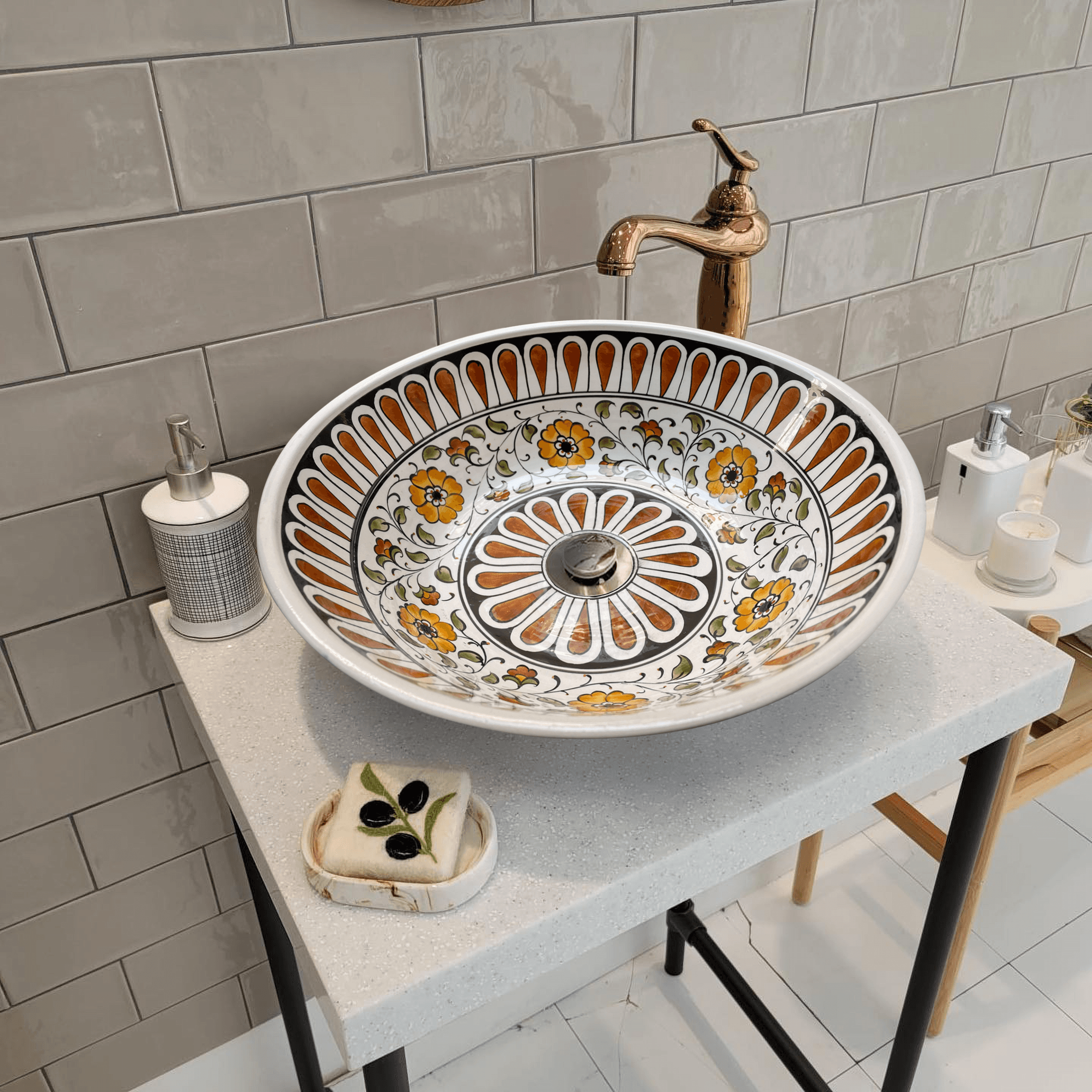 Hand Painted Bathroom Ceramic Vessel Sink Countertop - Mılet Work