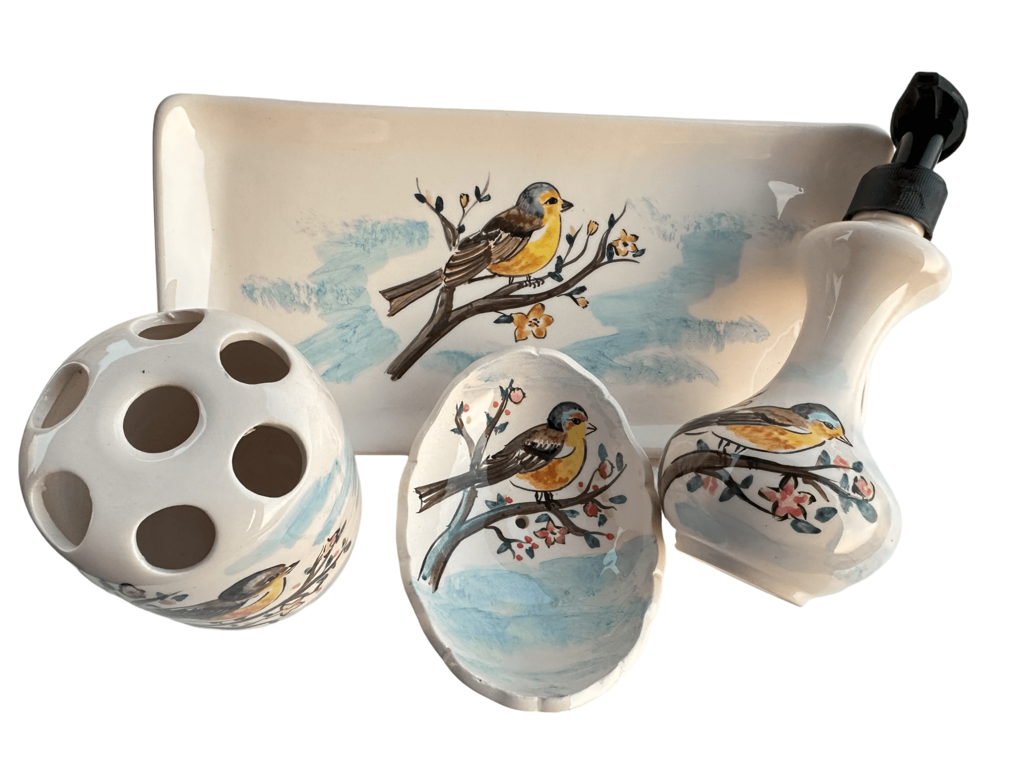 Hand Painted Ceramic Bathroom Accessory Set - Birds in the Sakura