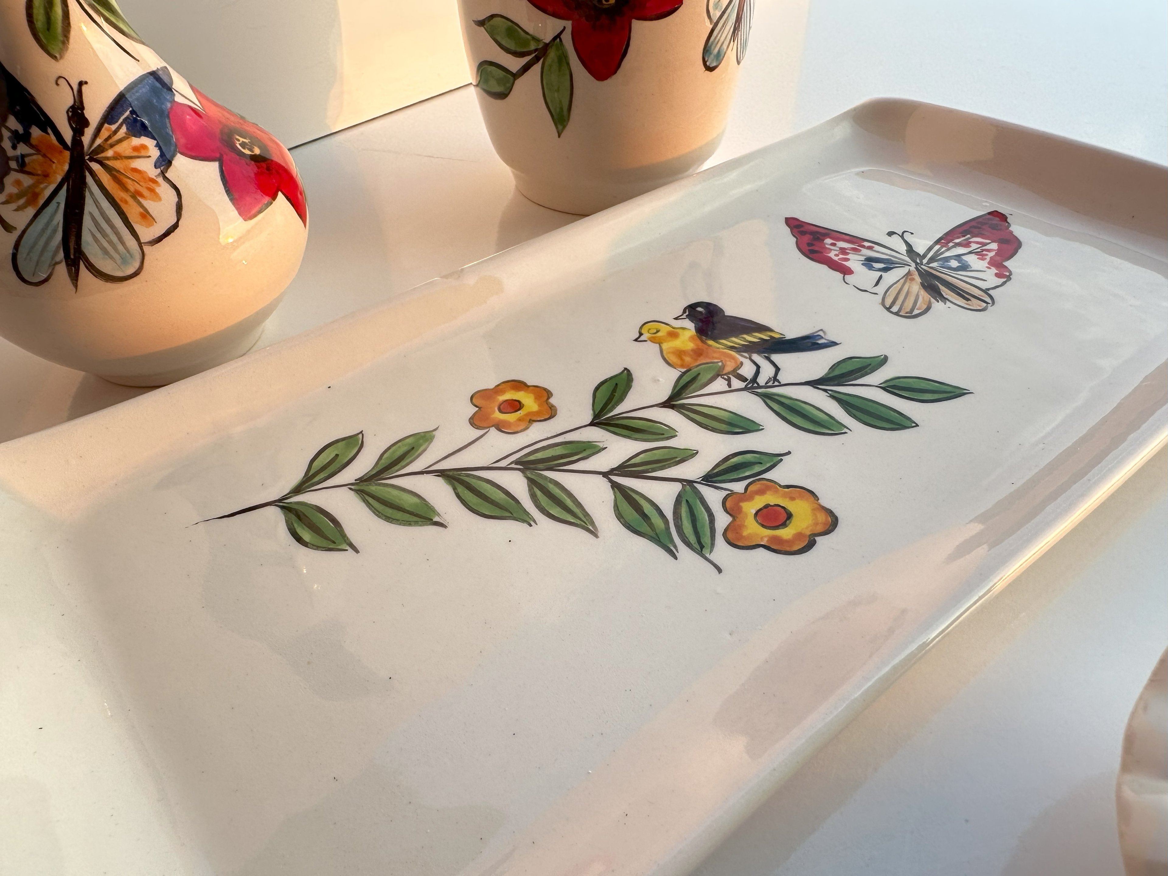 Hand Painted Ceramic Bathroom Accessory Set - Birds and Butterflies