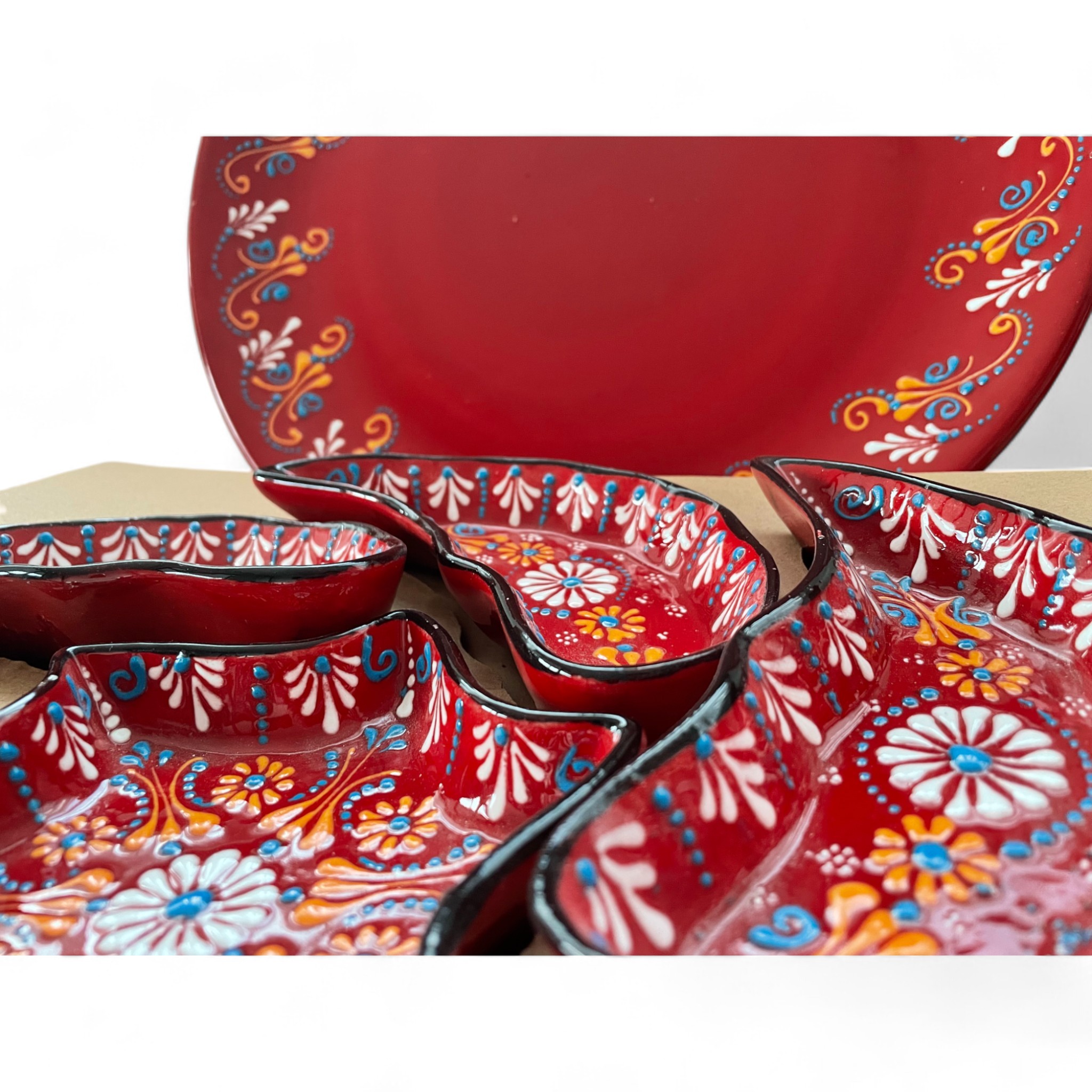 Handcrafted Snack, Nuts Serving Platter and Crudite Dish Set - Raised Relief Pattern - Red