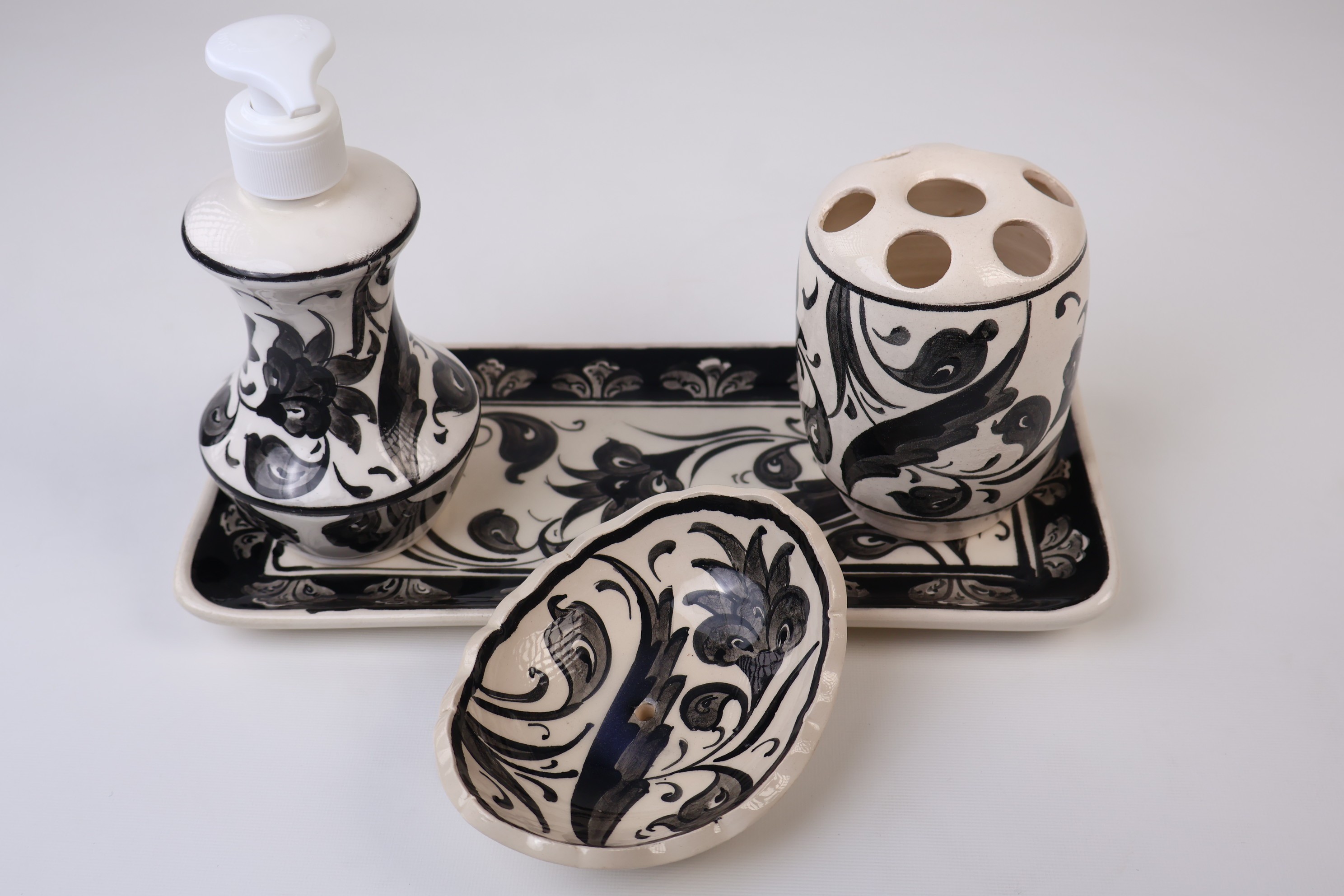 Artistic Ceramic Bathroom Accessories by Zeem Ceramic - Hand-Painted Black Leaves Perfection