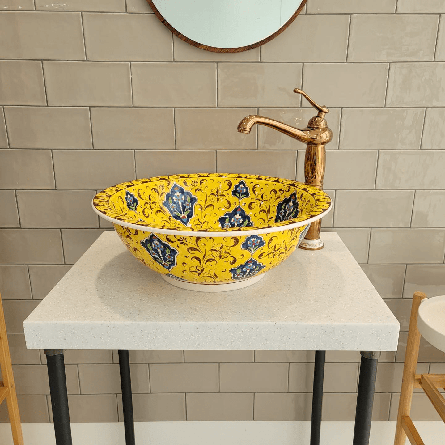 Hand Painted Bathroom Vanity Top Ceramic Vessel Sink - Blue Floral Design on Yellow Zem