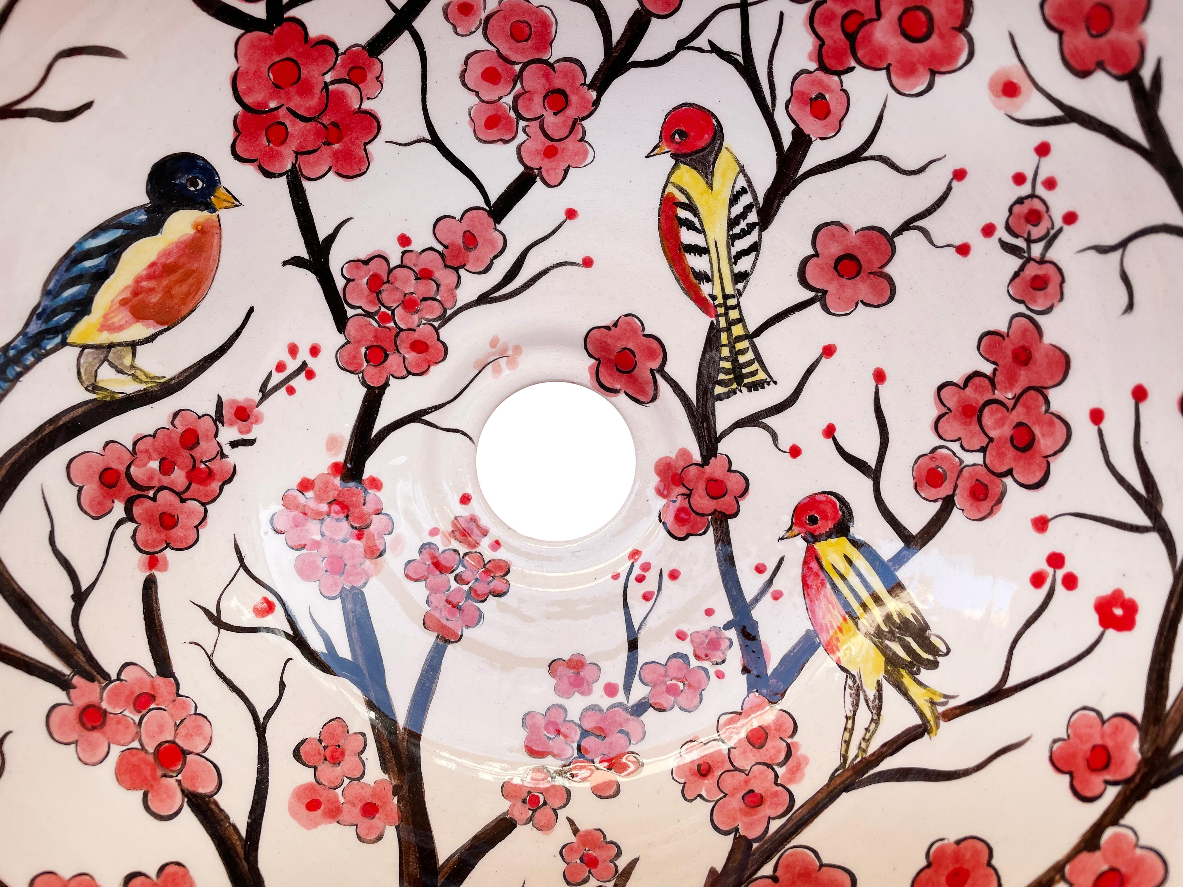 Hand Painted Bathroom Ceramic Vessel Sink Countertop - Birds and Sakura