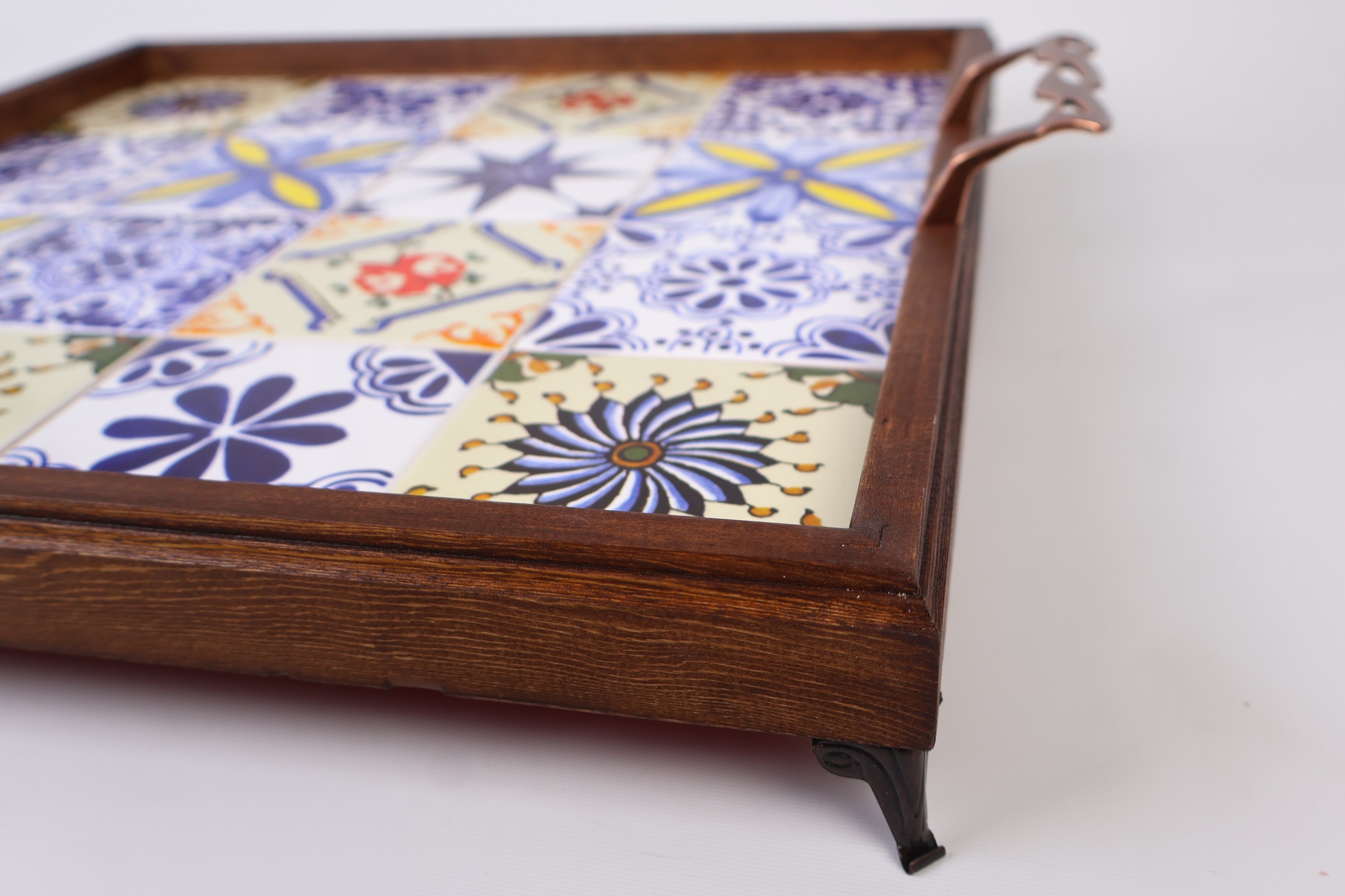 Rustic Wooden Serving Tray with Handles | Handcrafted Mexican & Turkish Tile Design