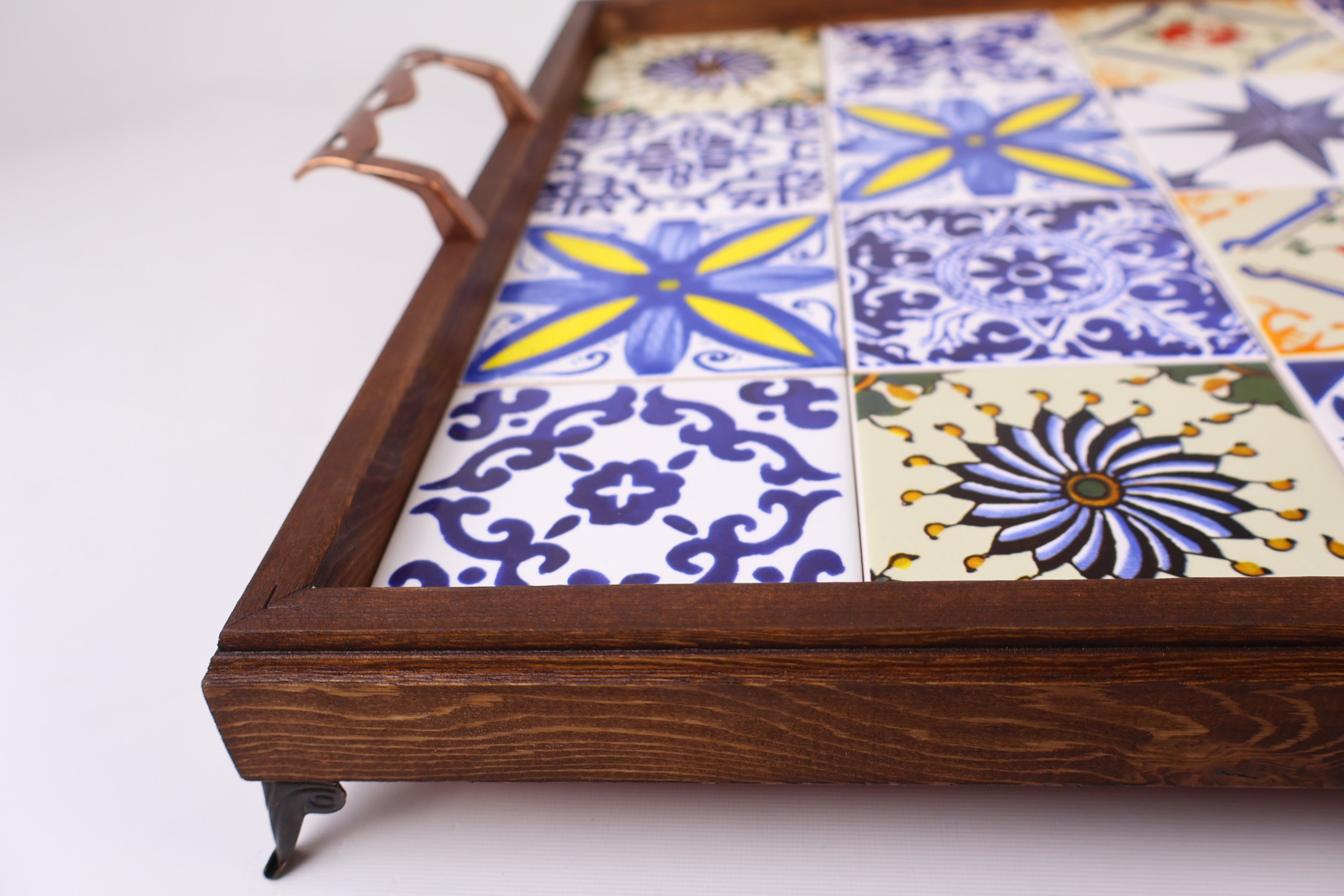 Rustic Wooden Serving Tray with Handles | Handcrafted Mexican & Turkish Tile Design