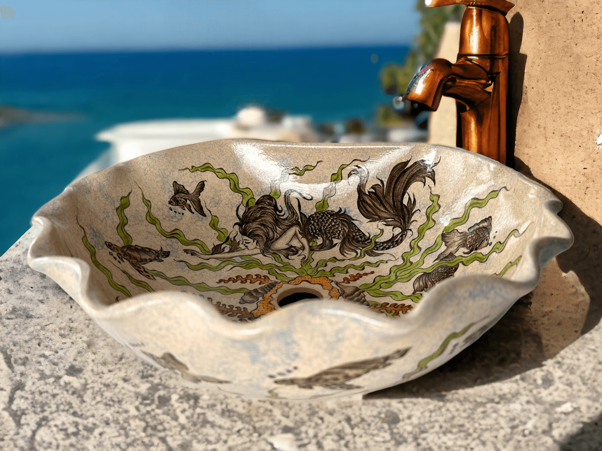 Above Counter Bathroom Seashell-Shaped Sink - Ocean, Caretta Caretta and Mermaid