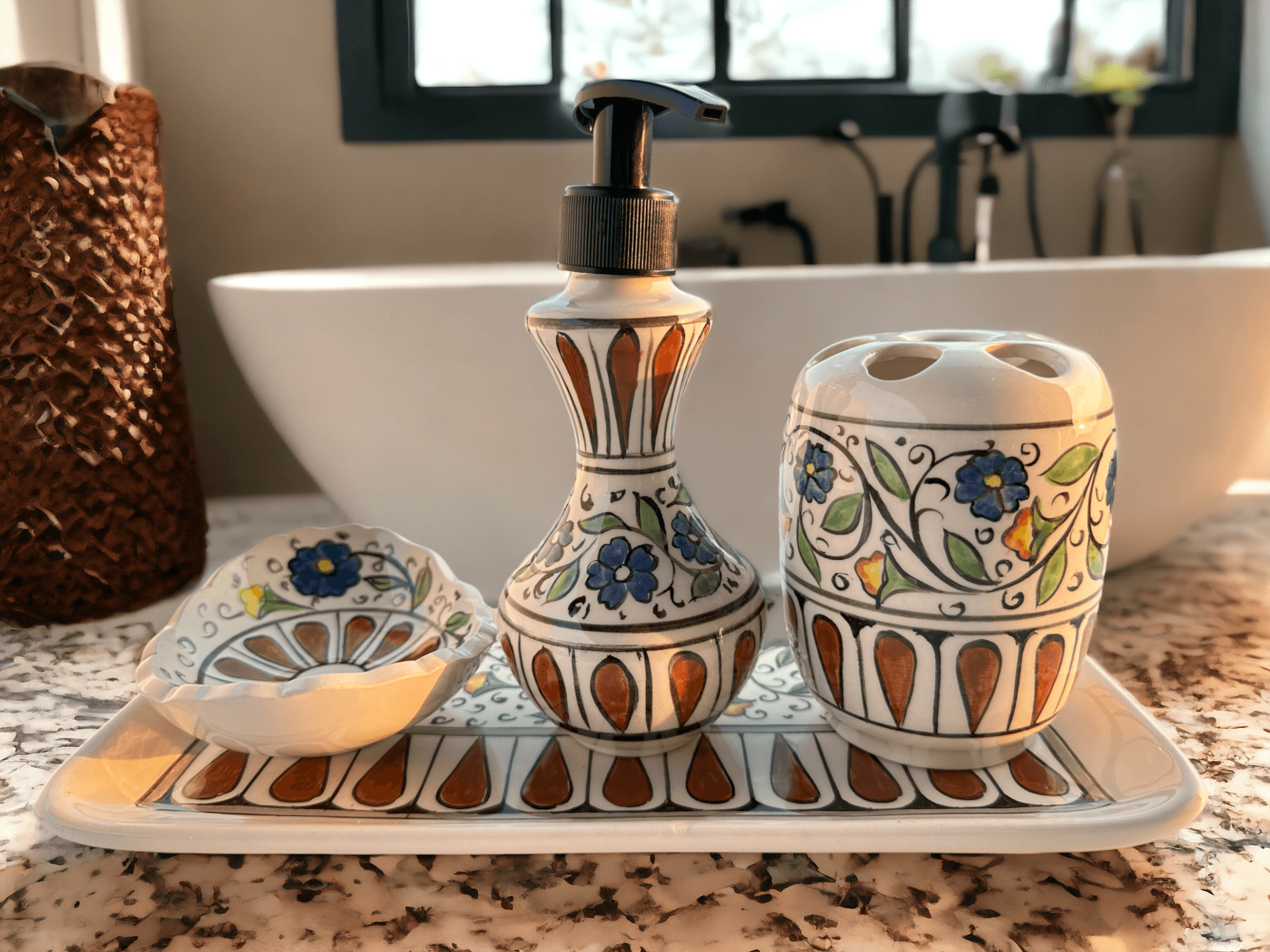 Hand Painted Ceramic Bathroom Accessory Set - Geometric Pattern