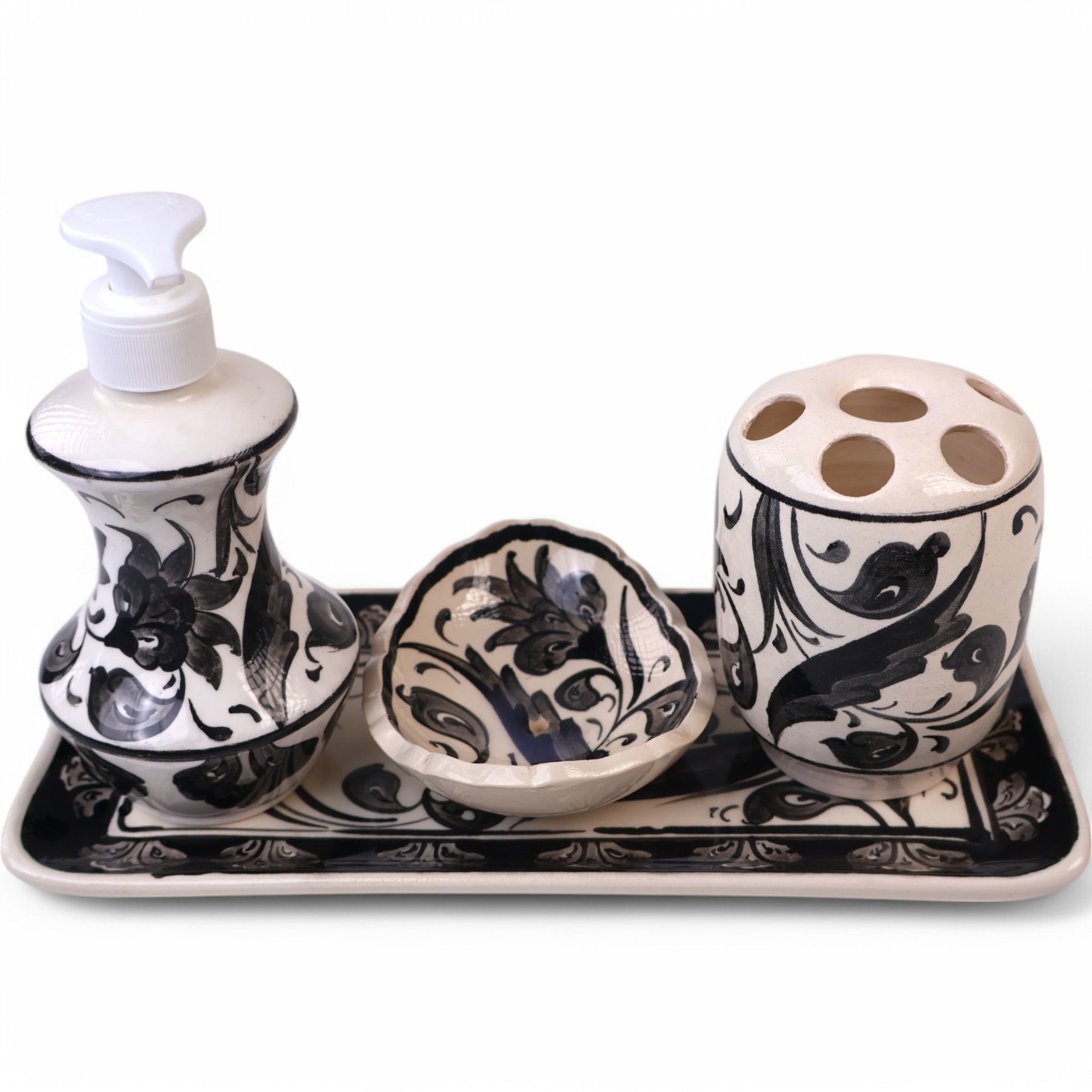 Artistic Ceramic Bathroom Accessories by Zeem Ceramic - Hand-Painted Black Leaves Perfection