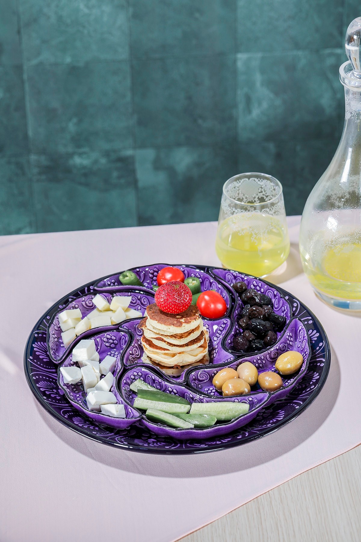 Hand Painted Snack Serving Platter and Dish Crudite Set - Embossed Floral - Purple