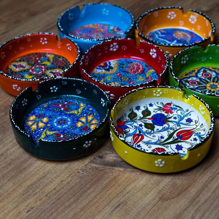 Hand-Painted Ceramic Ashtray – Vibrant Colors with Intricate Embossed Floral Designs