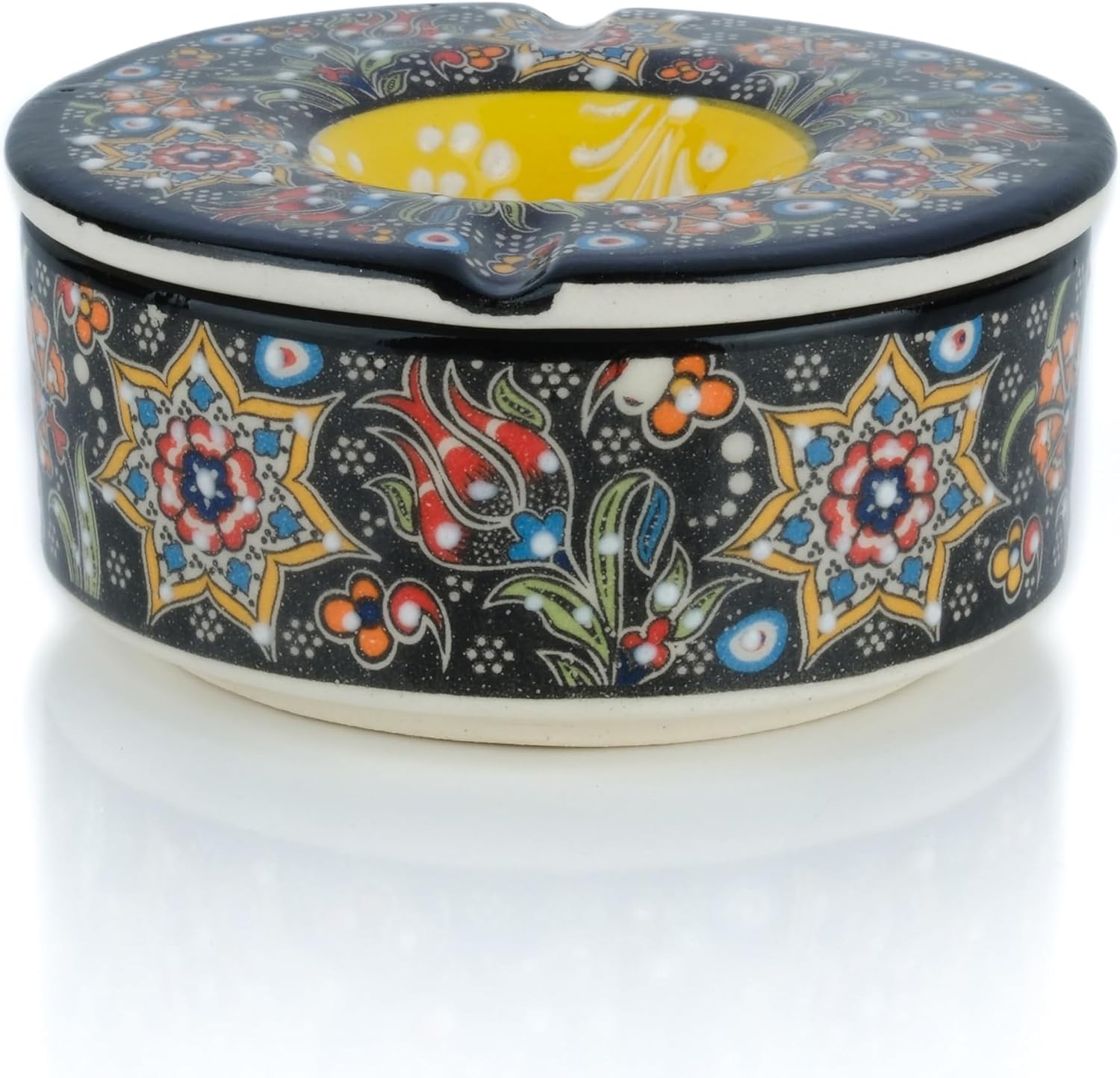 Printed Ceramic Ashtray - Assorted Colors and Floral Patterns - Black