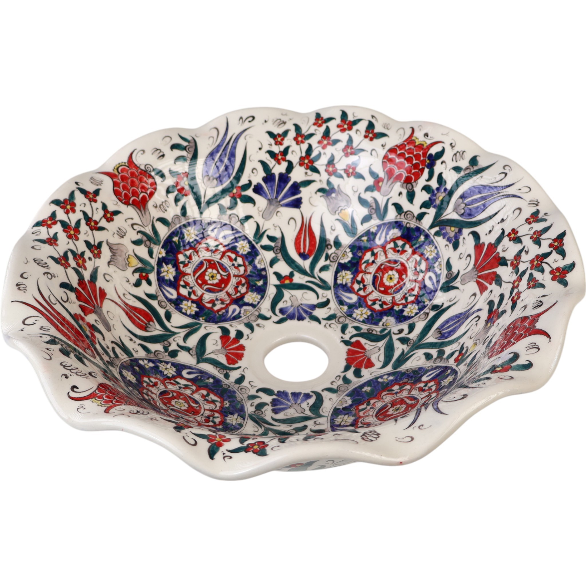 Turkish Ceramic Sink Bowl | Iznik-Inspired Vibrant Floral Ceramic Washbasin for Bathroom Remodeling