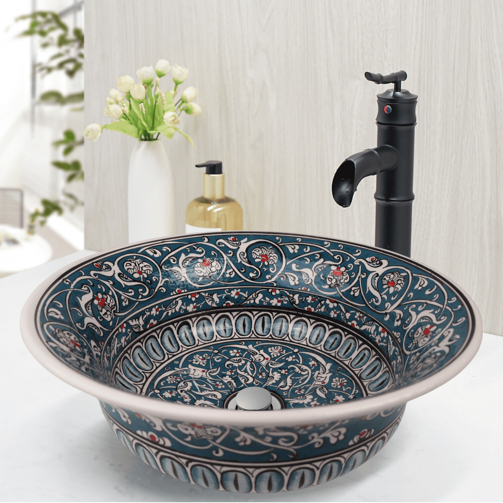 Handcrafted Green Geometric & Floral Pattern Ceramic Sink - Elegant Bathroom Design