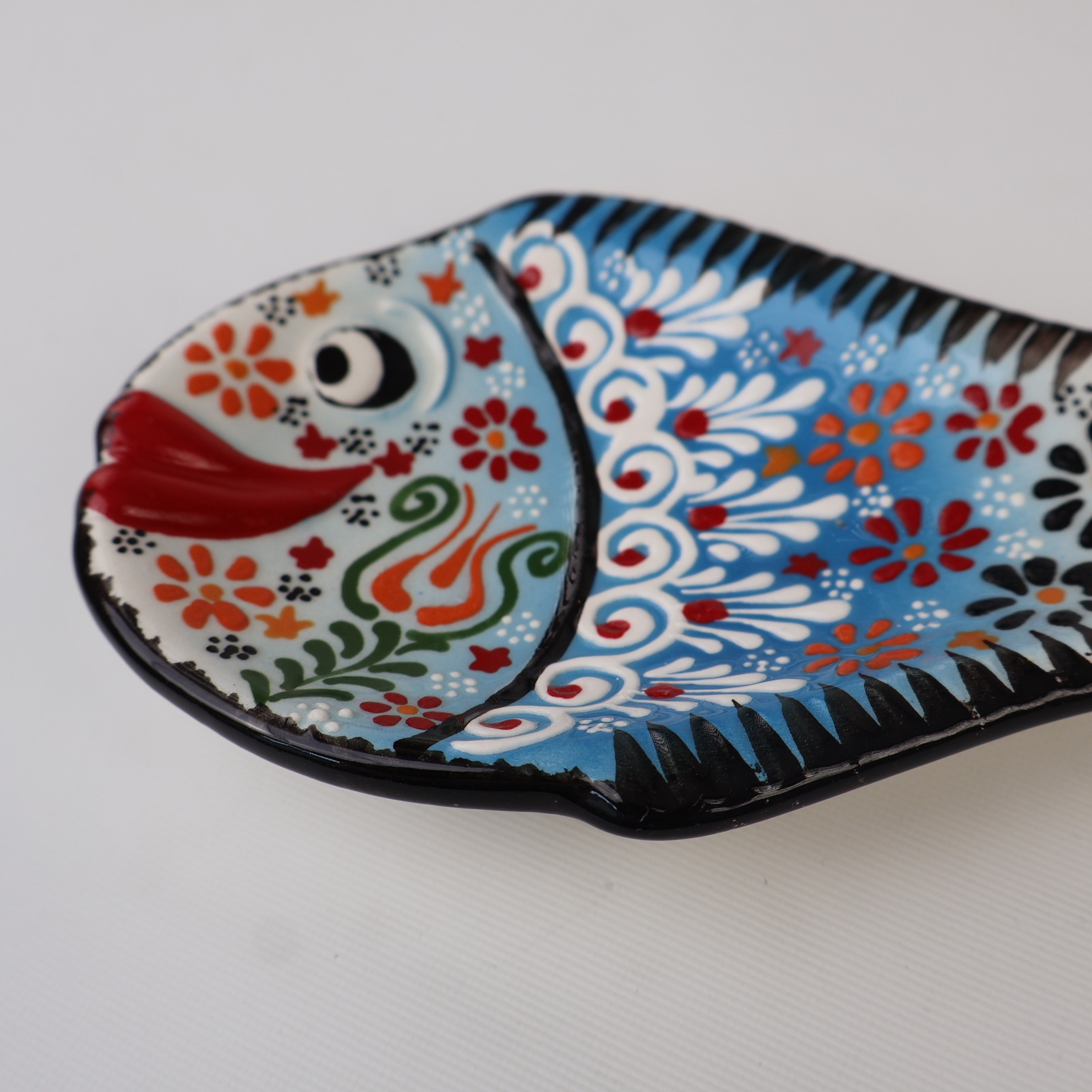 Handcrafted Fish Shaped Ceramic Spoon Rest - Raised Relief Floral Patterns (Variety of Colors) - Blue