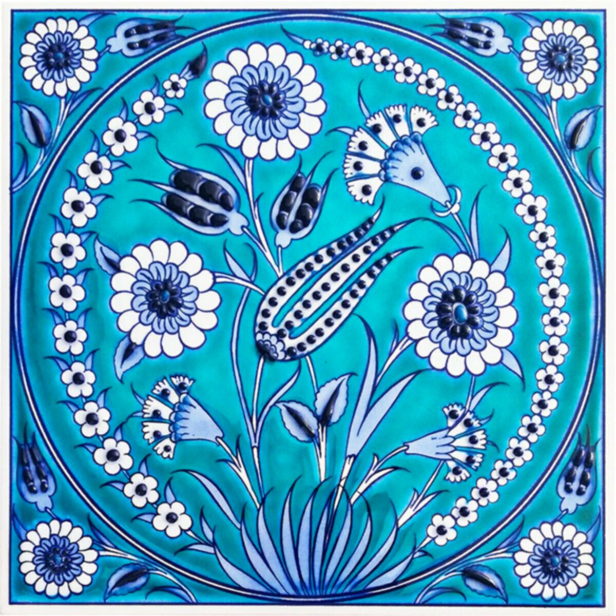 Hand Painted Turkish Ceramic Tile -  Handmade Decorative Floral Patterned Tile - 8 in [20Cm] - Zeem Ceramic