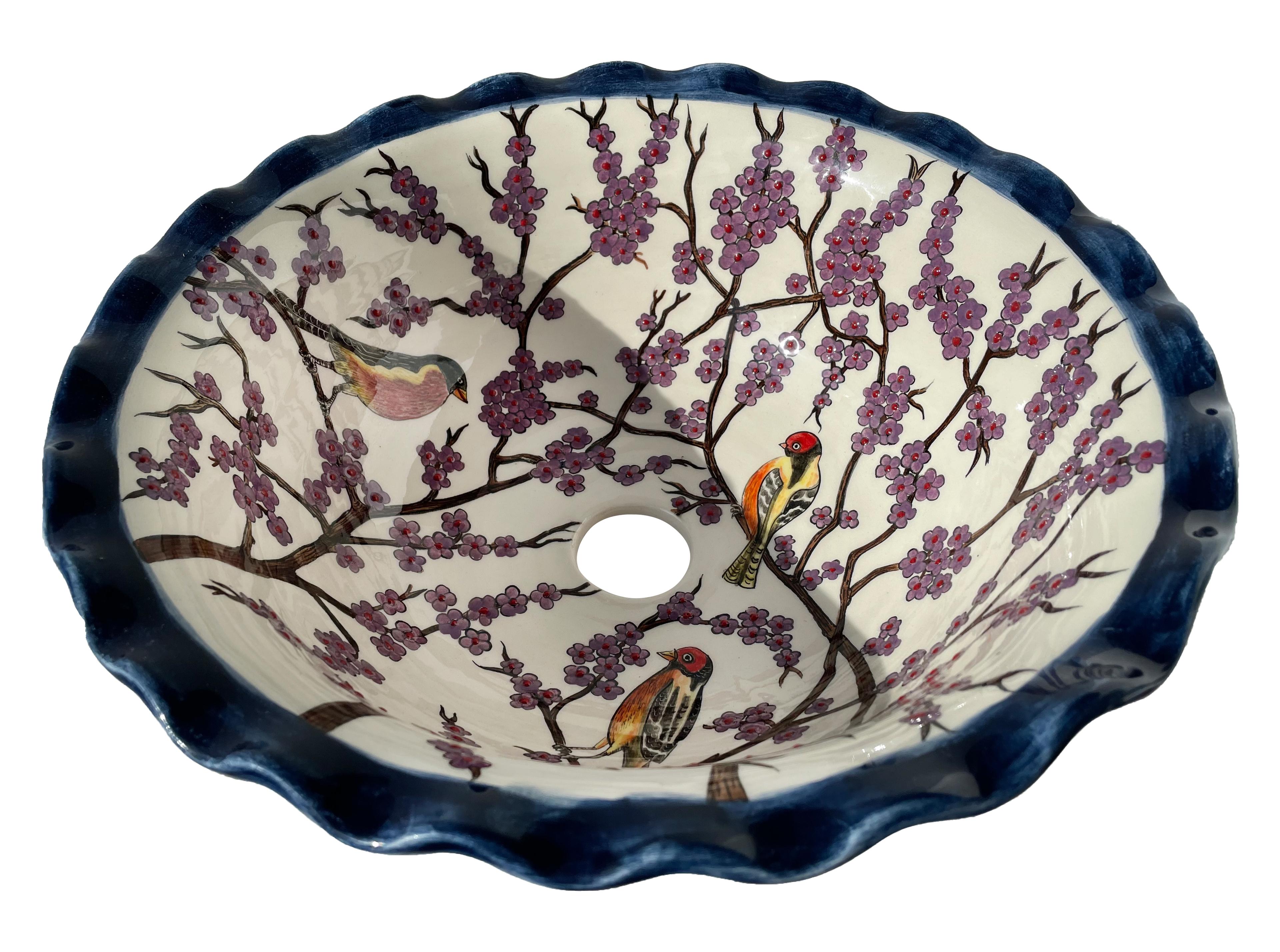 Hand Painted Bathroom Vanity Top Ceramic Vessel Sink - Hummingbird and Sakura