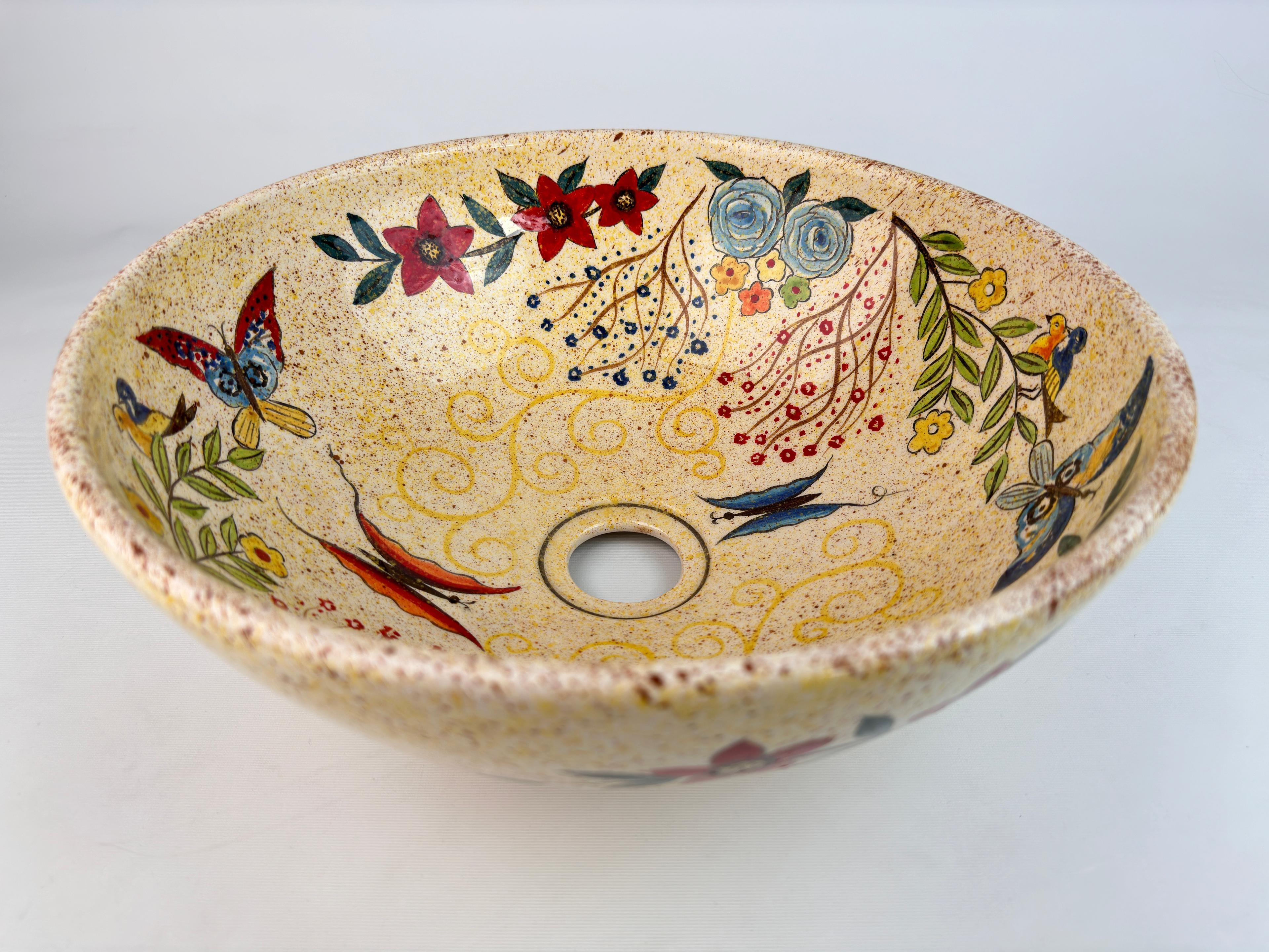 Bathroom Countertop Ceramic Vessel Sink - Butterfly and Flowers