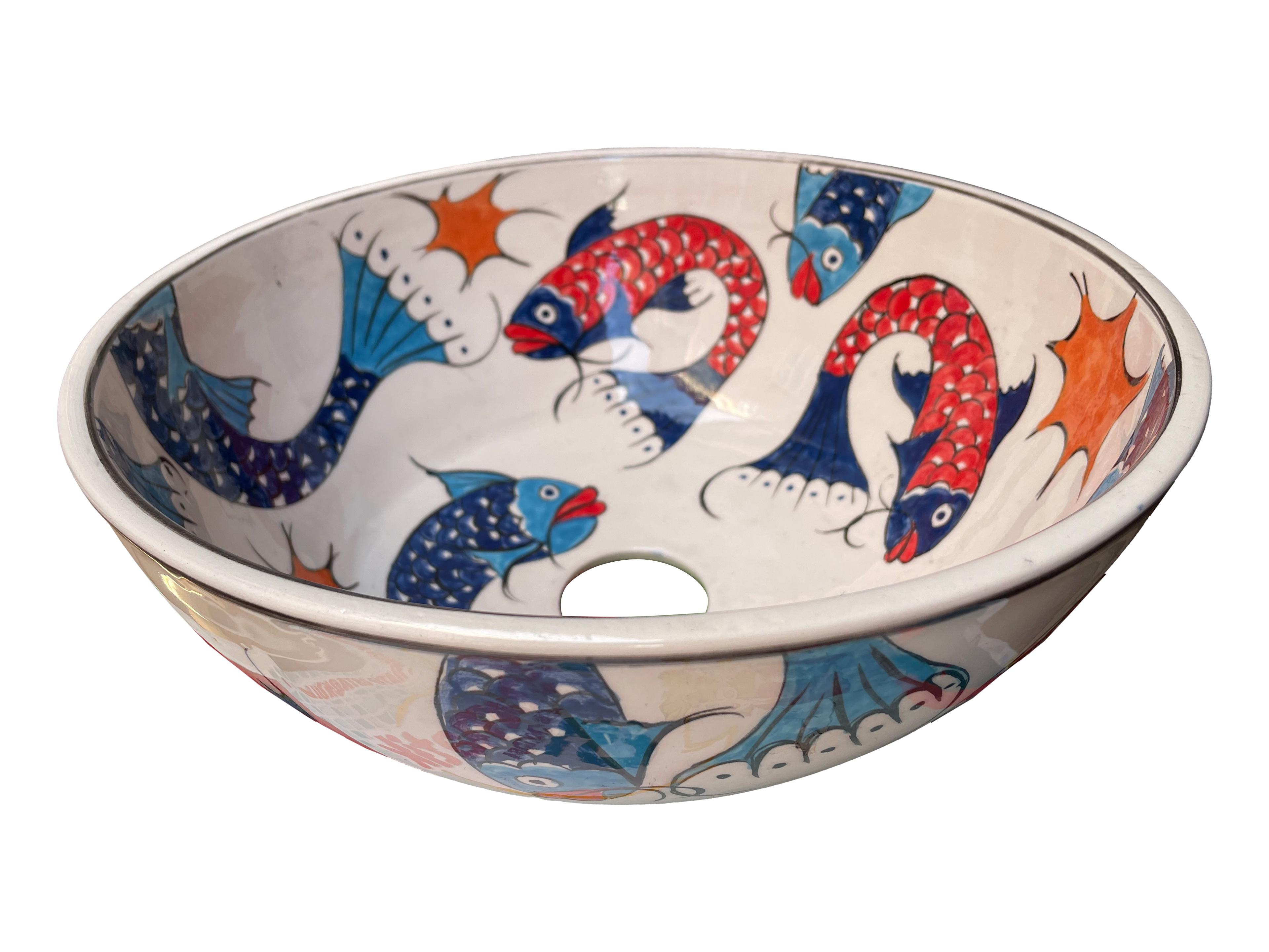 Hand Painted Bathroom Ceramic Vessel Sink Countertop - Fishes