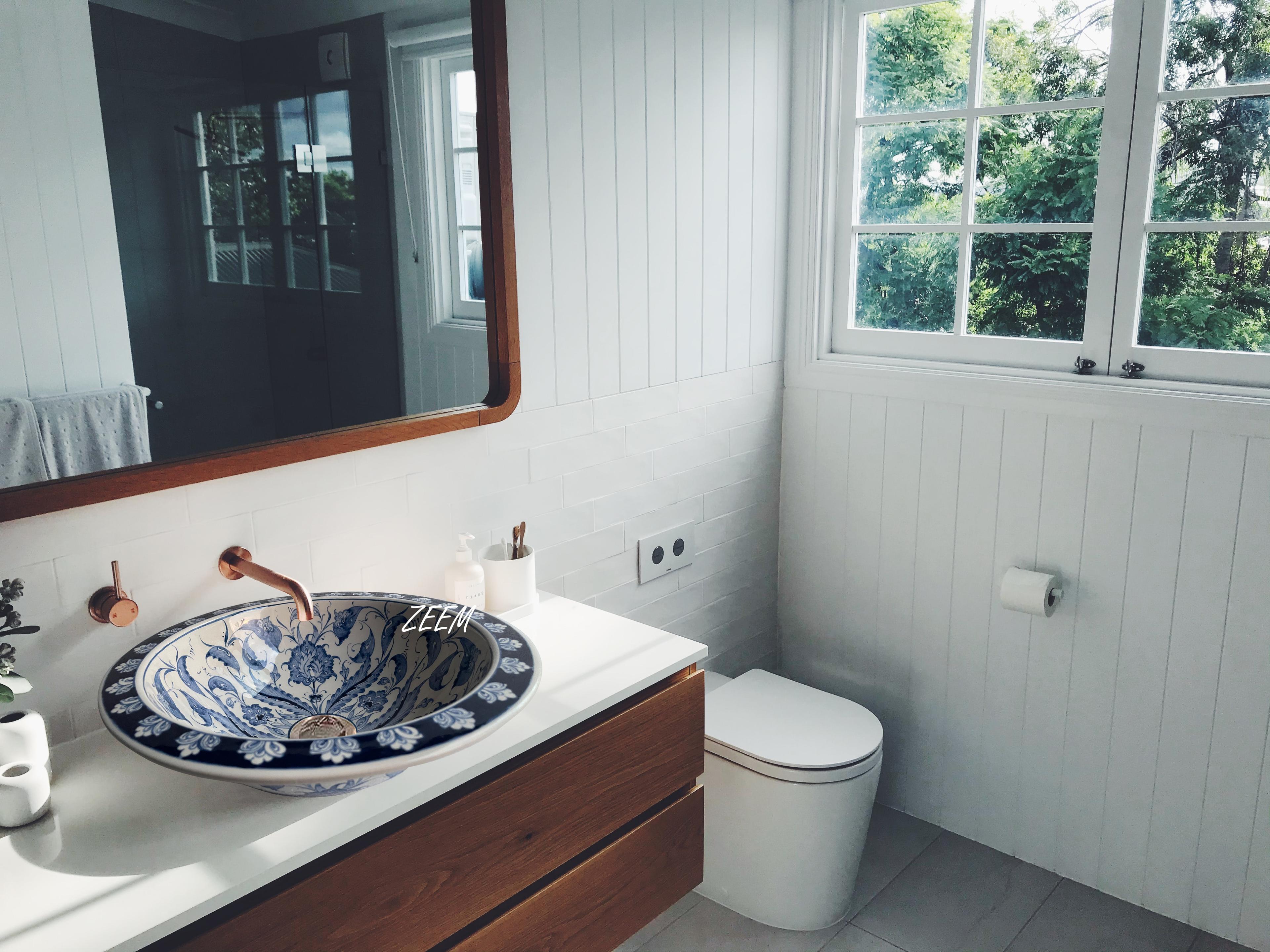 Hand Painted Bathroom Ceramic Vessel Sink Countertop - Bleu Blanc