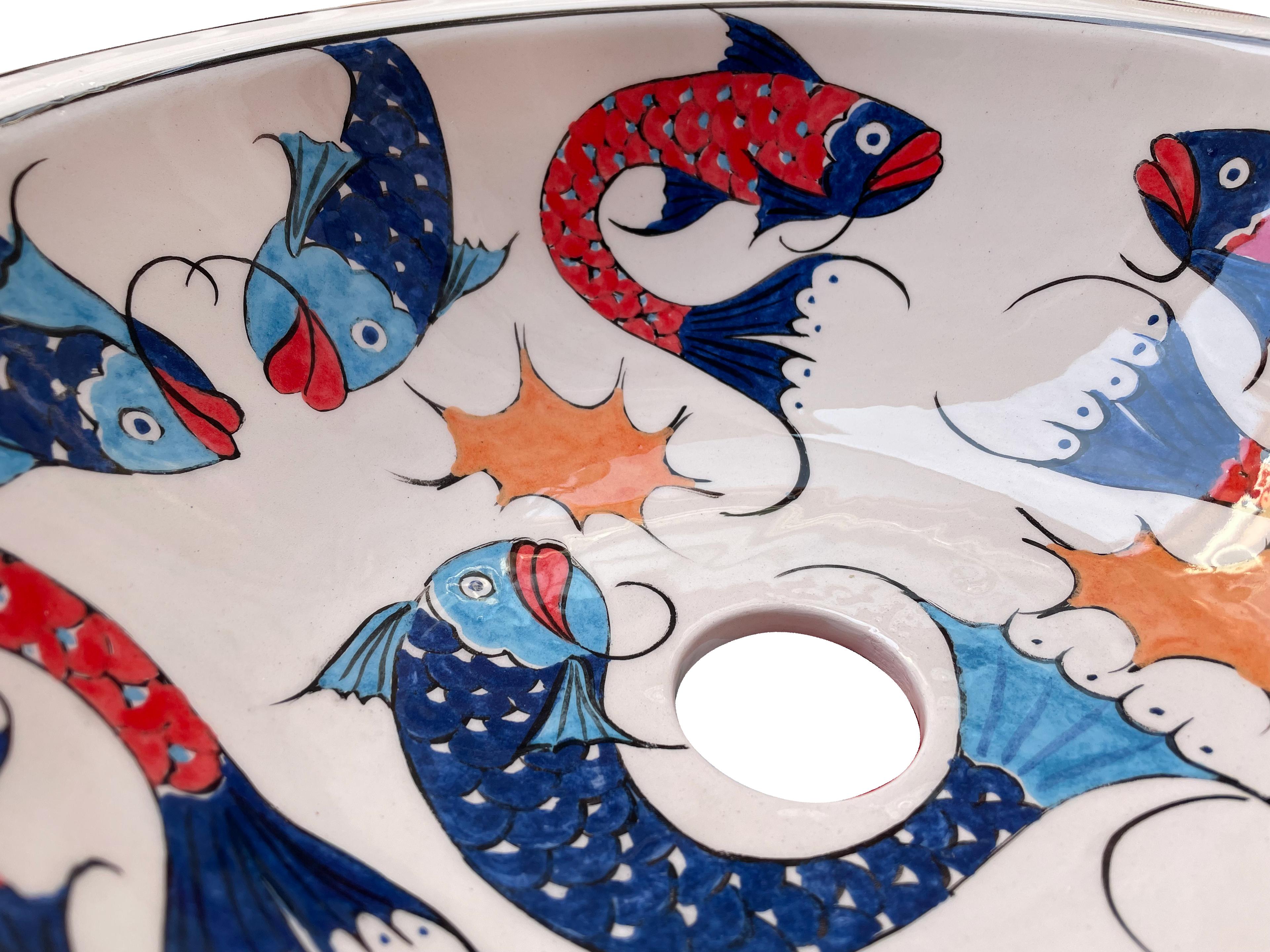 Hand Painted Bathroom Ceramic Vessel Sink Countertop - Fishes