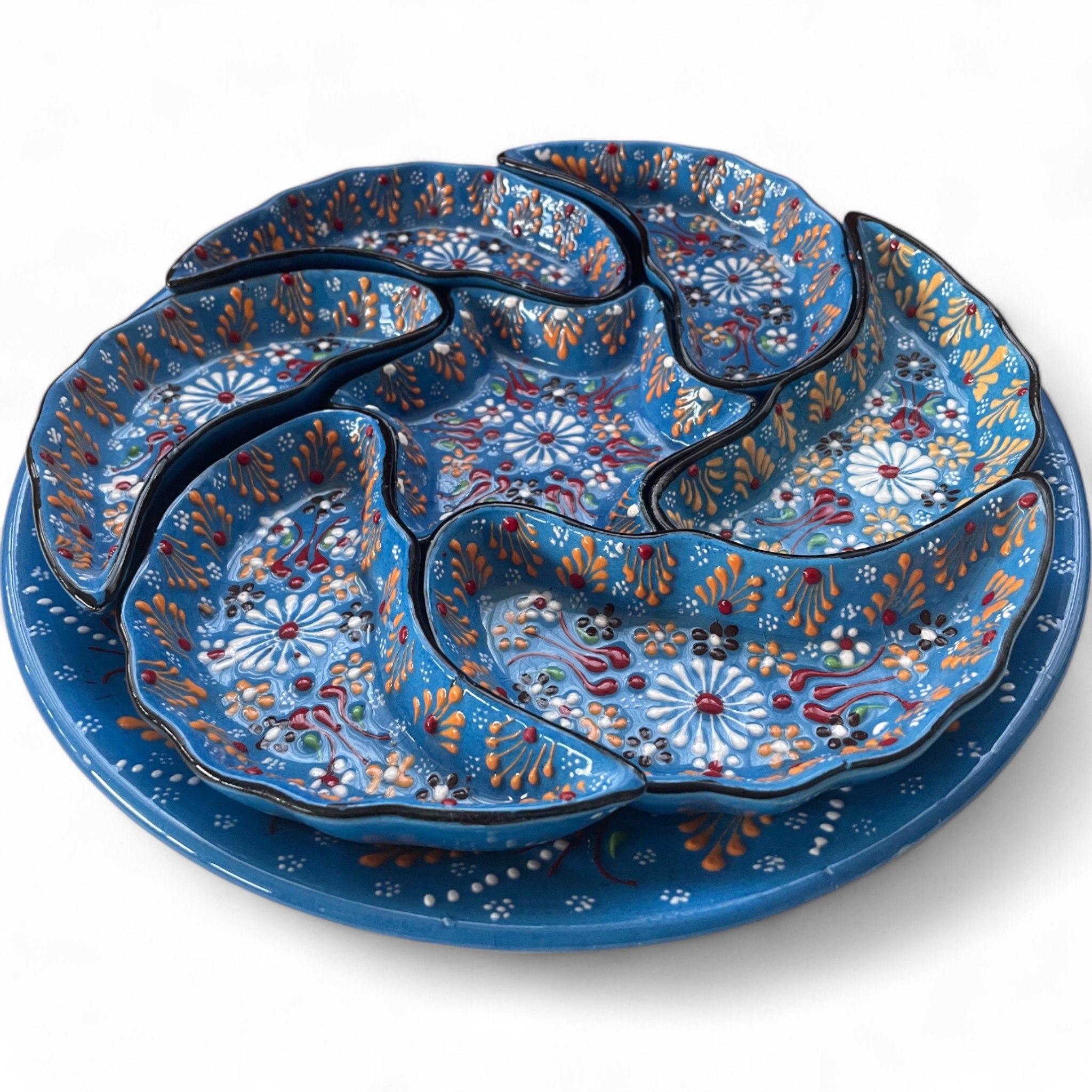 Handcrafted Snack, Nuts Serving Platter and Crudite Dish Set - Raised Relief Pattern - Blue