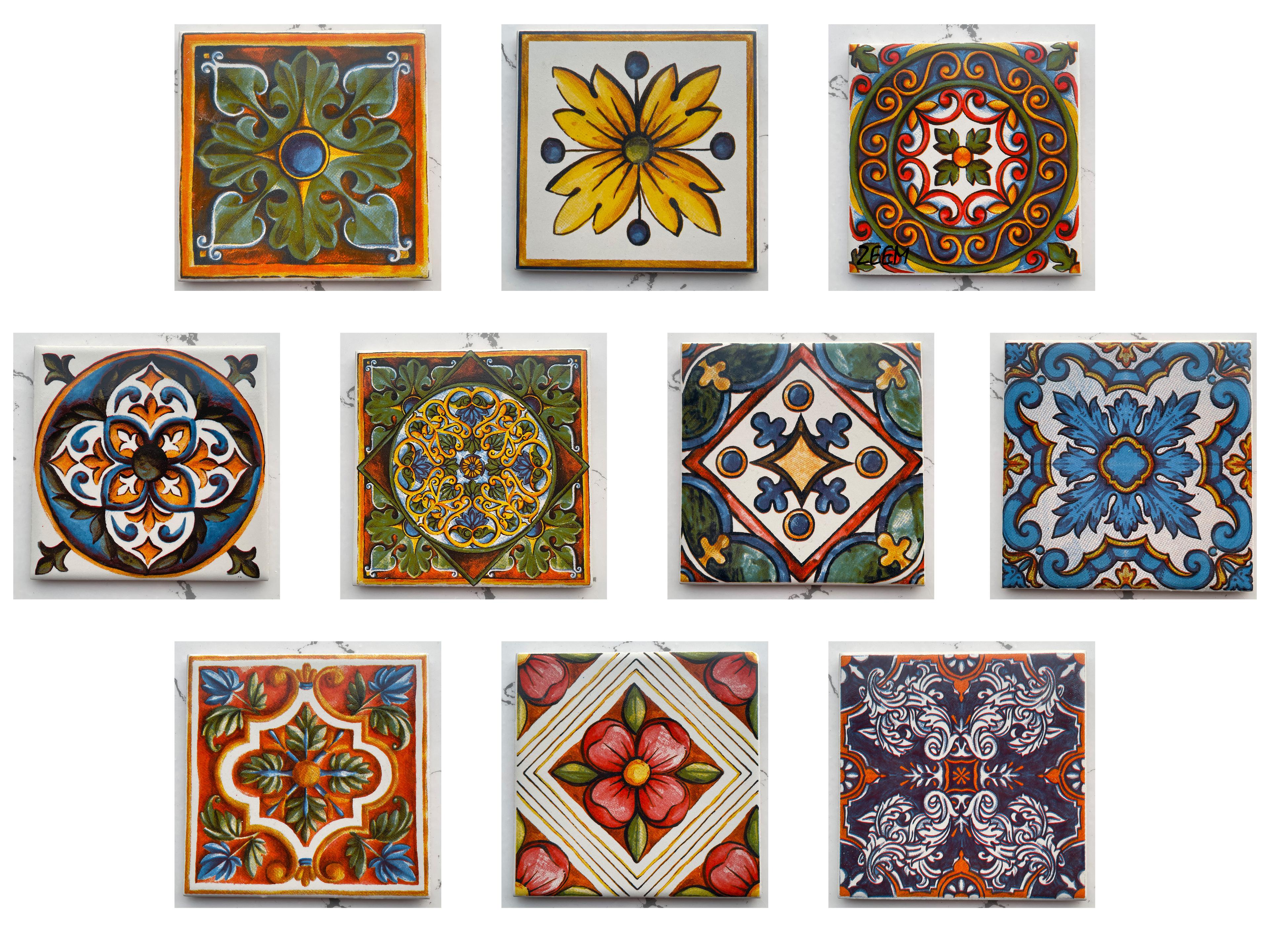 Hand-Printed Mexican Tile Designs - Handcrafted Backsplash Tile with Geometric and Floral Pattern -  3.7in[10cm]