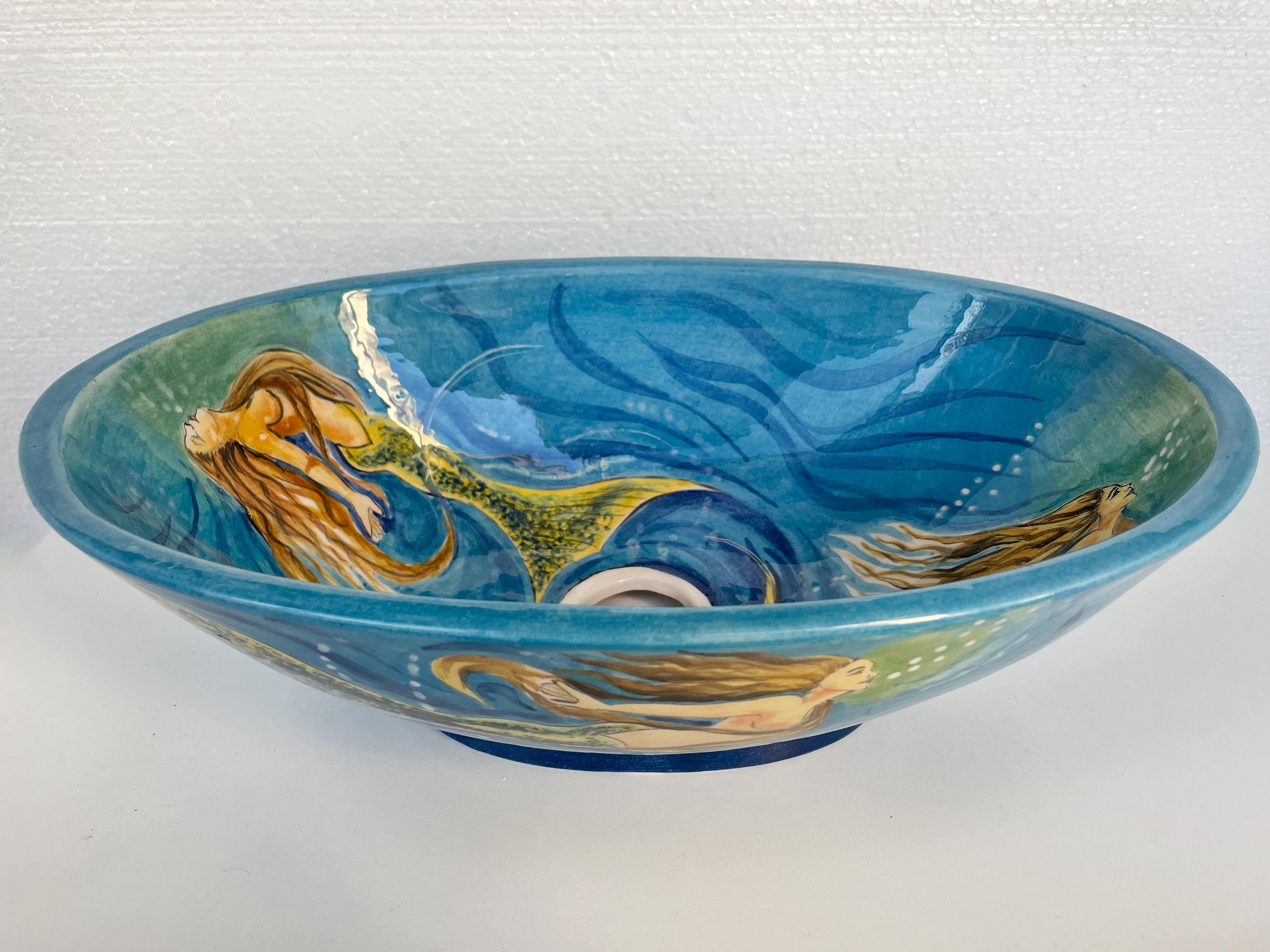 Handcrafted Bathroom Countertop Ceramic Vessel Basin - Ocean and Mermaid