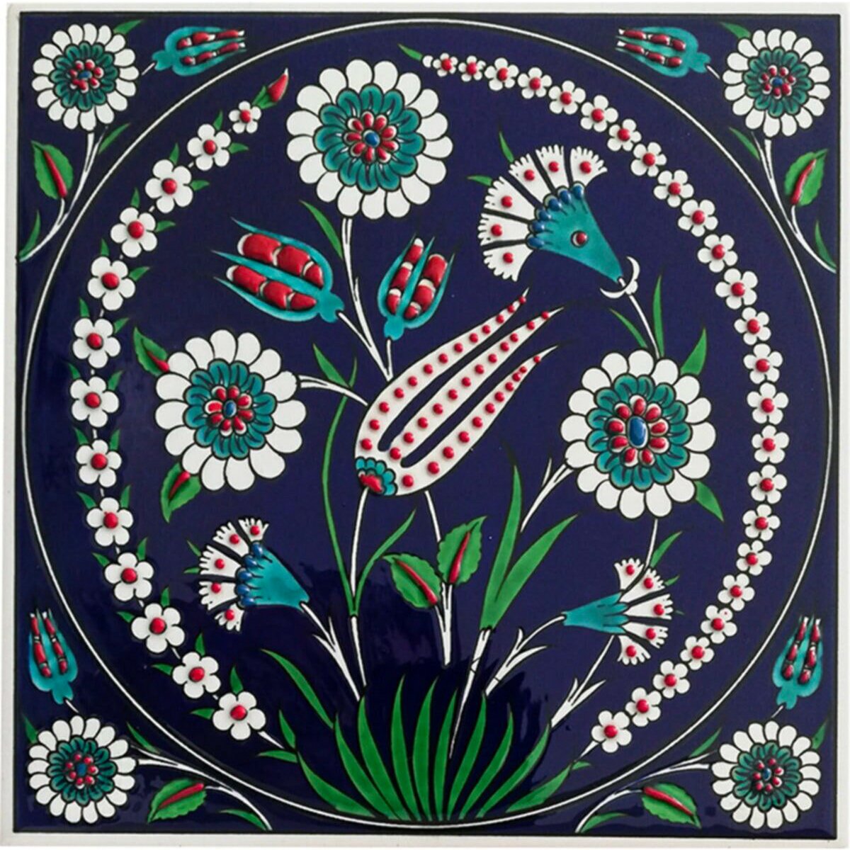 Hand Painted Turkish Ceramic Tile -  Handmade Decorative Floral Patterned Tile - 8 in [20Cm] - Zeem Ceramic