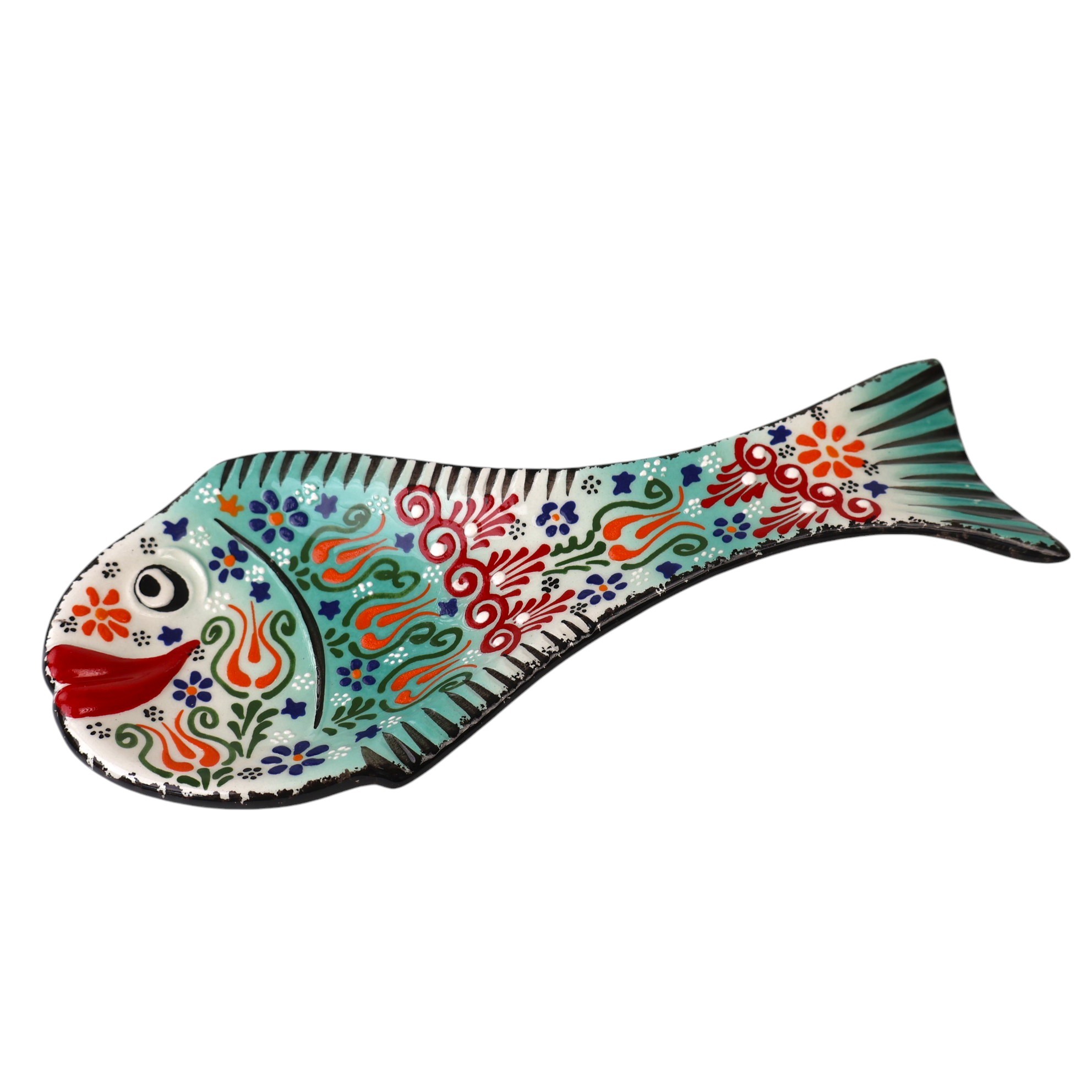 Handcrafted Fish Shaped Ceramic Spoon Rest - Raised Relief Floral Patterns (Variety of Colors) - Water Green