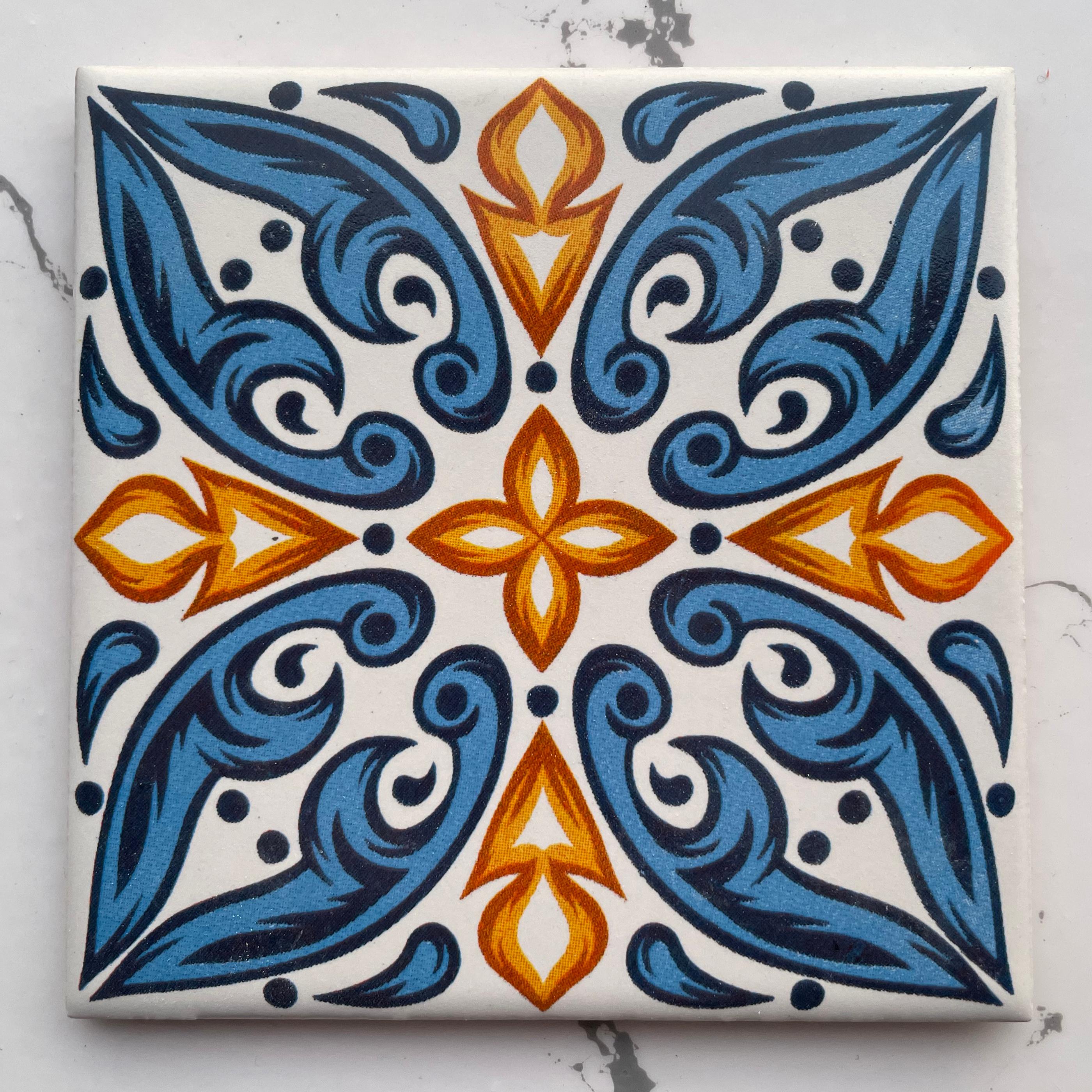 Hand-Printed Mexican Tile Designs - Handcrafted Backsplash Tile with Geometric and Floral Pattern -  3.7in[10cm]