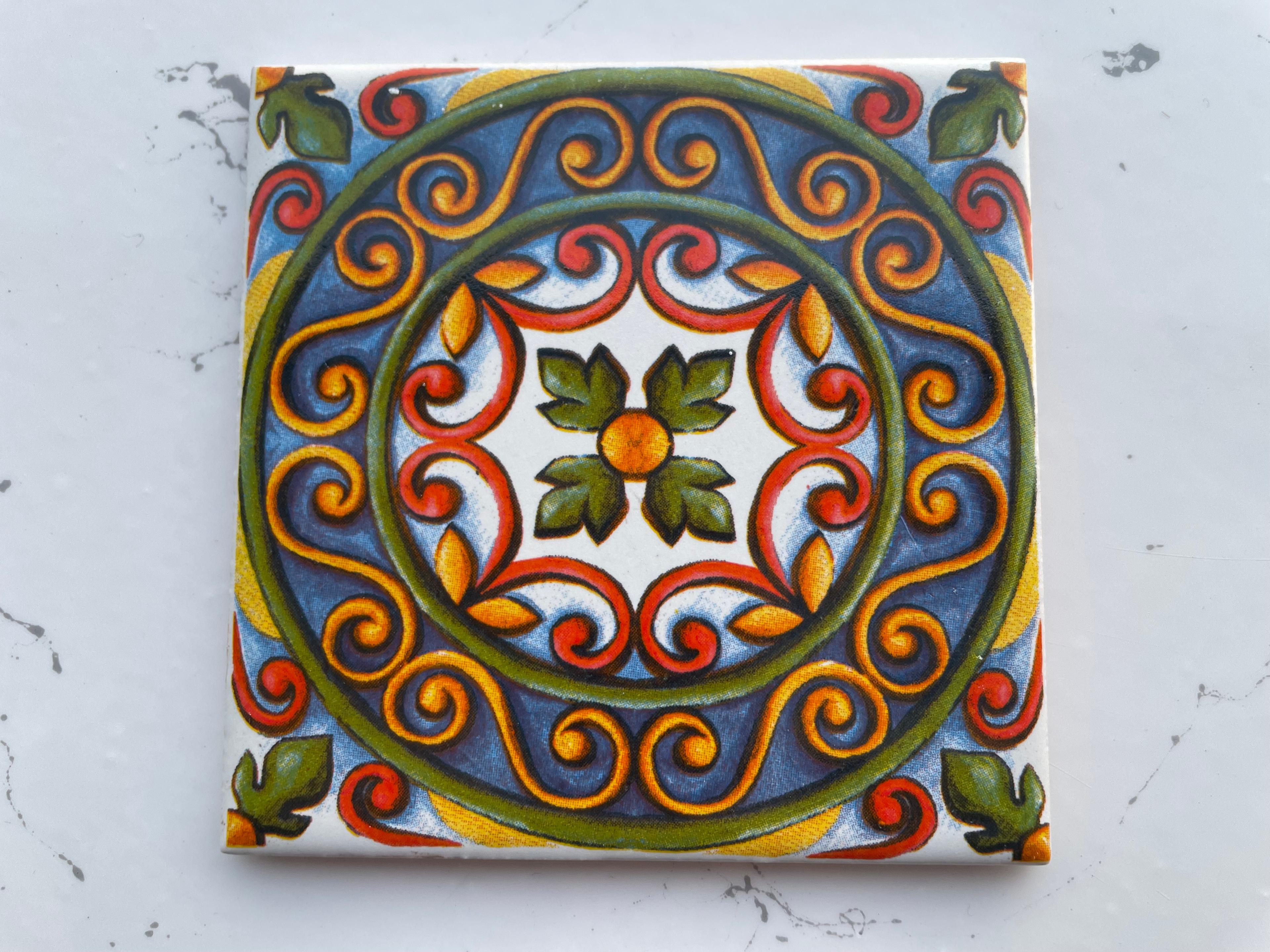 Screen-Printed Mexican Tile Designs - Handcrafted Backsplash 3.7" Tile with Traditional Pattern