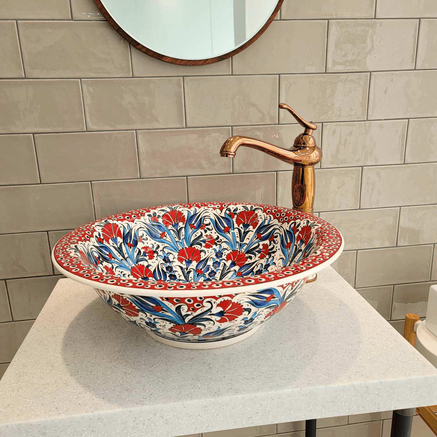 Hand Painted Bathroom Vanity Top Ceramic Vessel Sink - Red Carnation and Blue Tulip