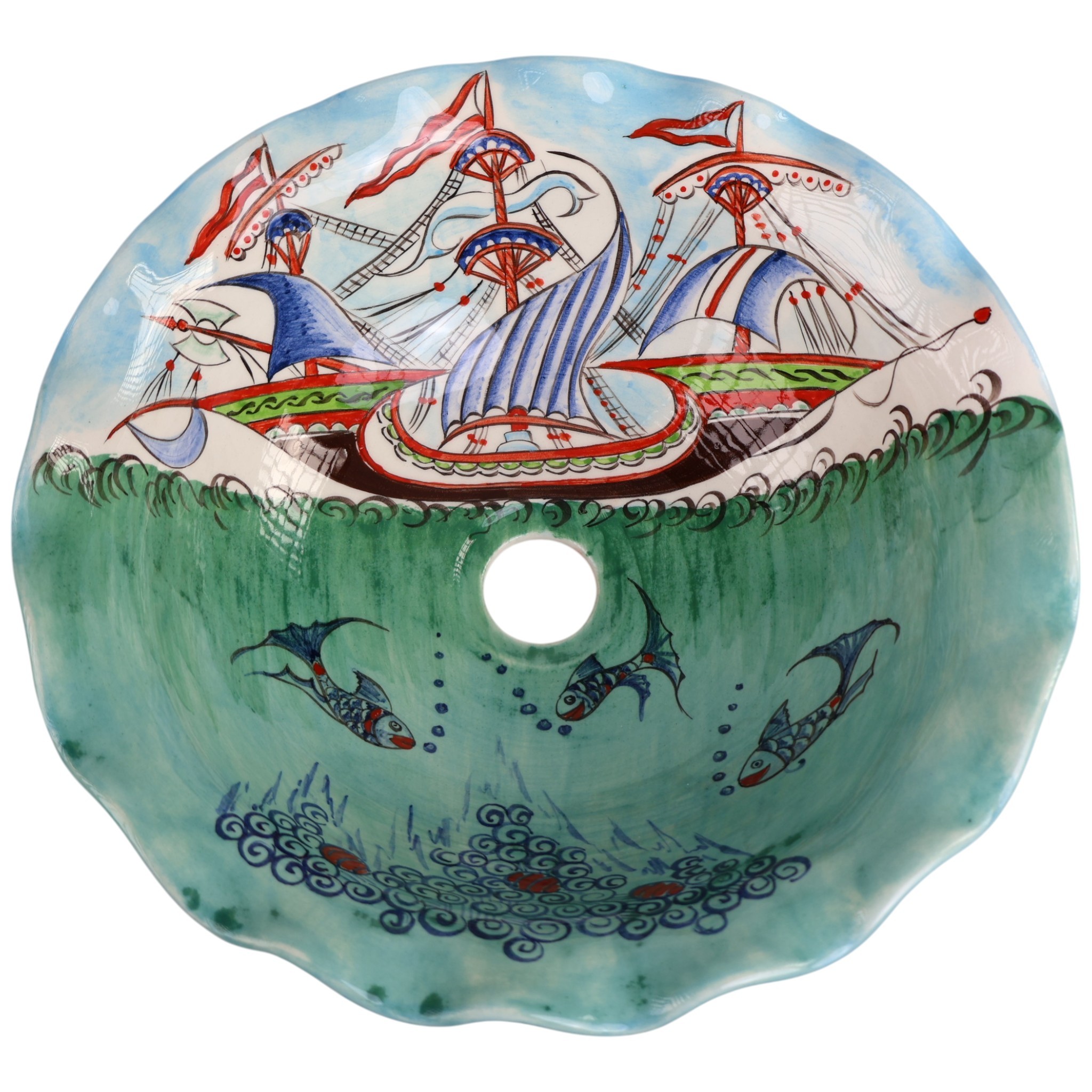 Hand-Painted Nautical Ceramic Sink - Turkish Ceramic Bowl Sink | Iznik-Inspired Bathroom Sink for Remodeling with Maritime Decor