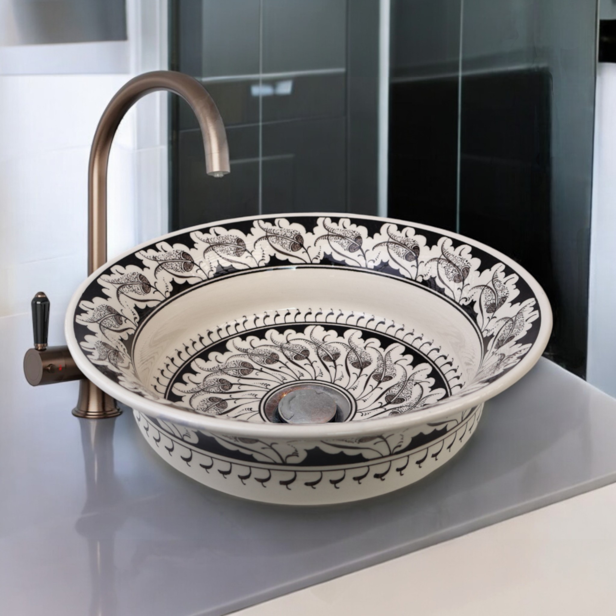 Bathroom Countertop Ceramic Vessel Sink- Black and Gray Flowers - Hayyam