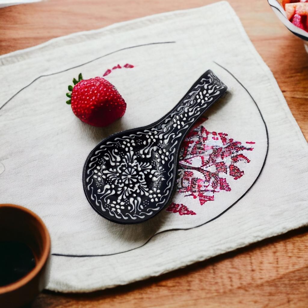 Hand Painted Ceramic Spoon Rest - Embossed Floral Patterns (Variety of Colors) - Mediterranean Black