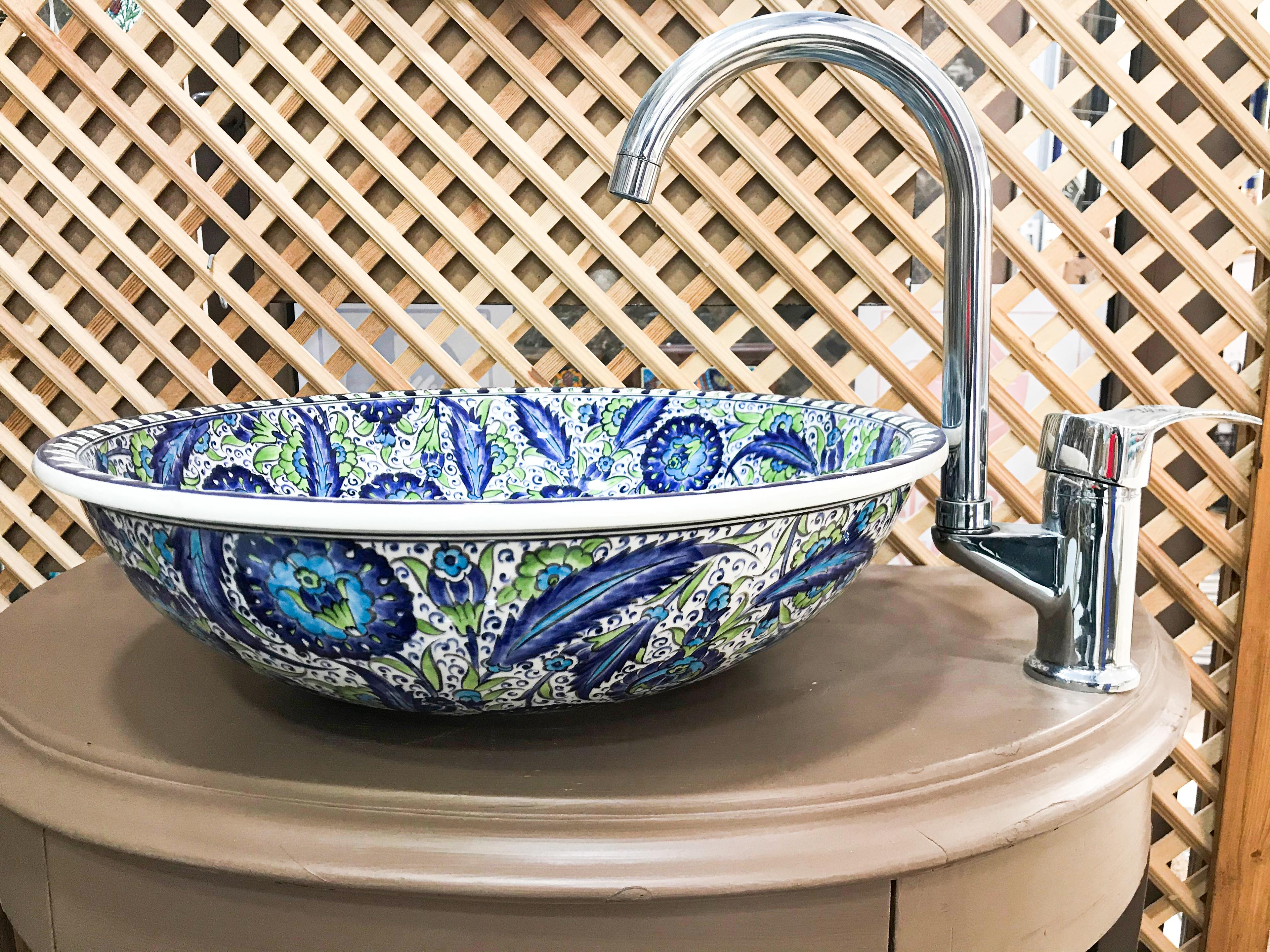 Hand Painted Bathroom Vanity Top Ceramic Vessel Sink - Blue Floral Pattern