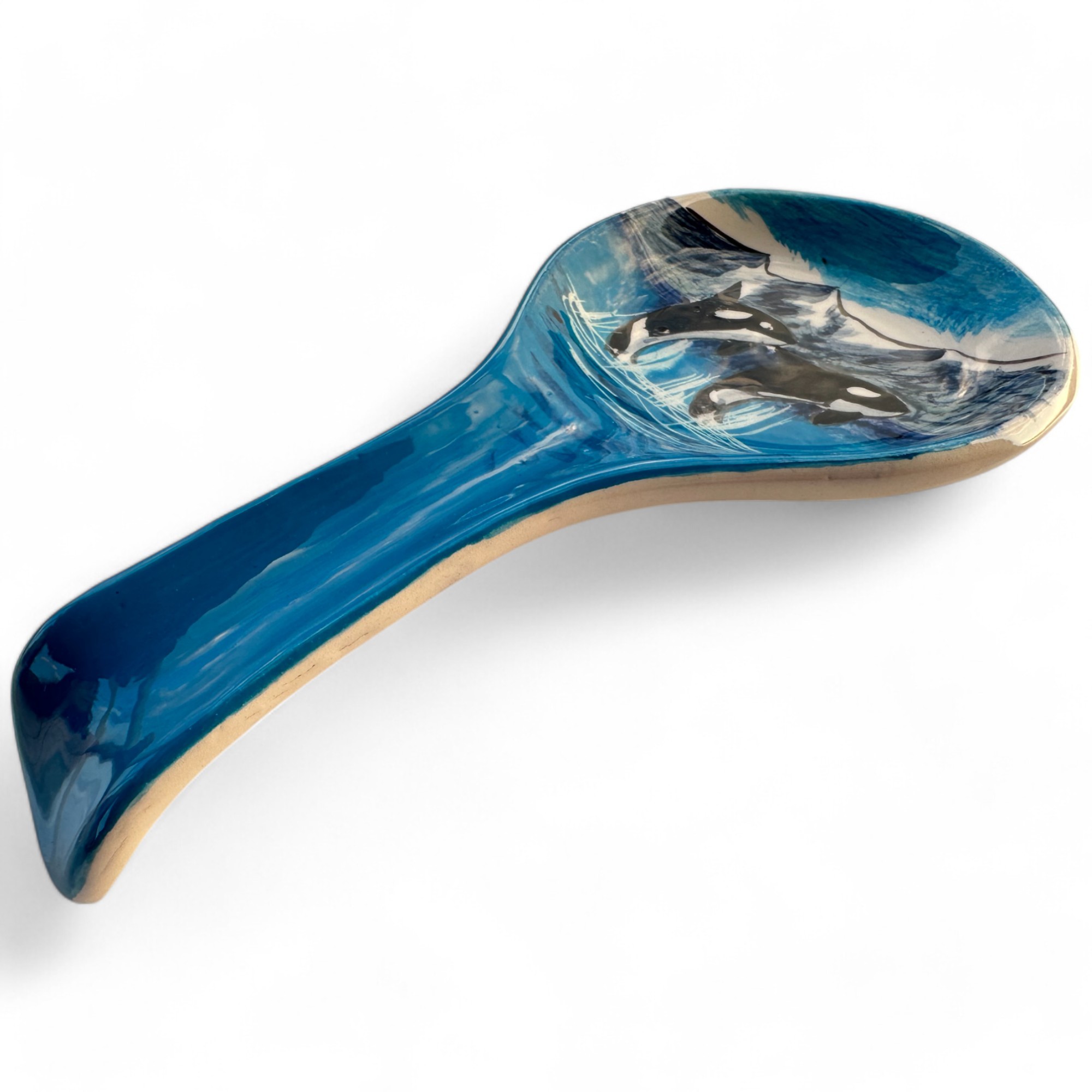 Handcrafted Animal Patterned Ceramic Spoon Rest - Hand Painted Sea Design Spoon Holder - Twin Orcas