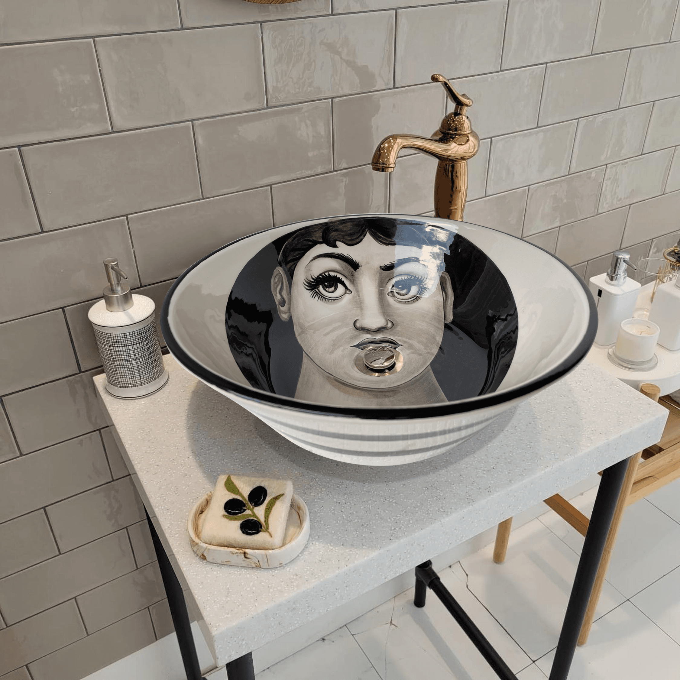 Hand Painted Bathroom Vanity Top Ceramic Vessel Sink - Woman Face