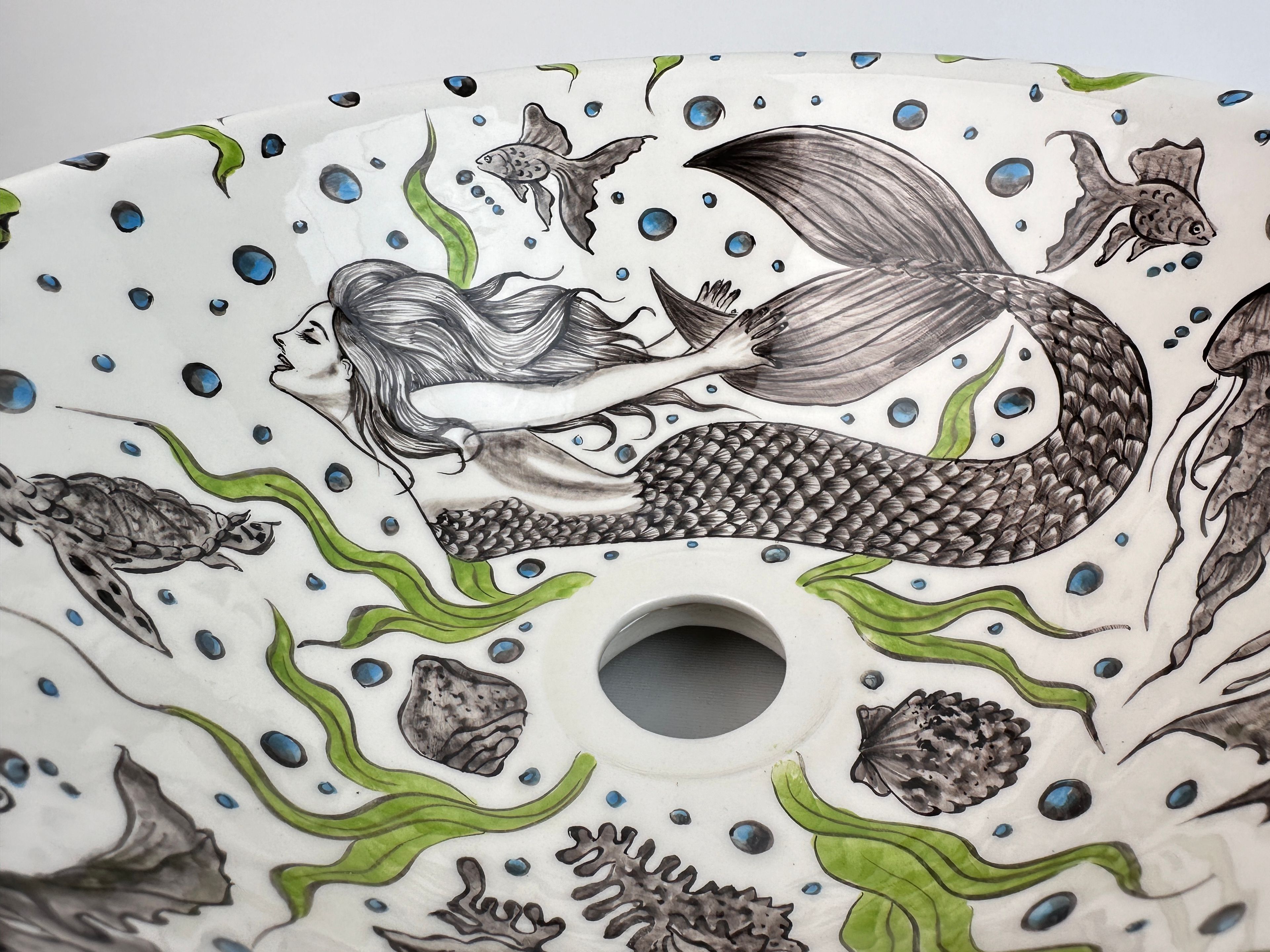 Hand Painted Above Counter Bathroom Mexican Sink - Mermaid and Sea Creatures