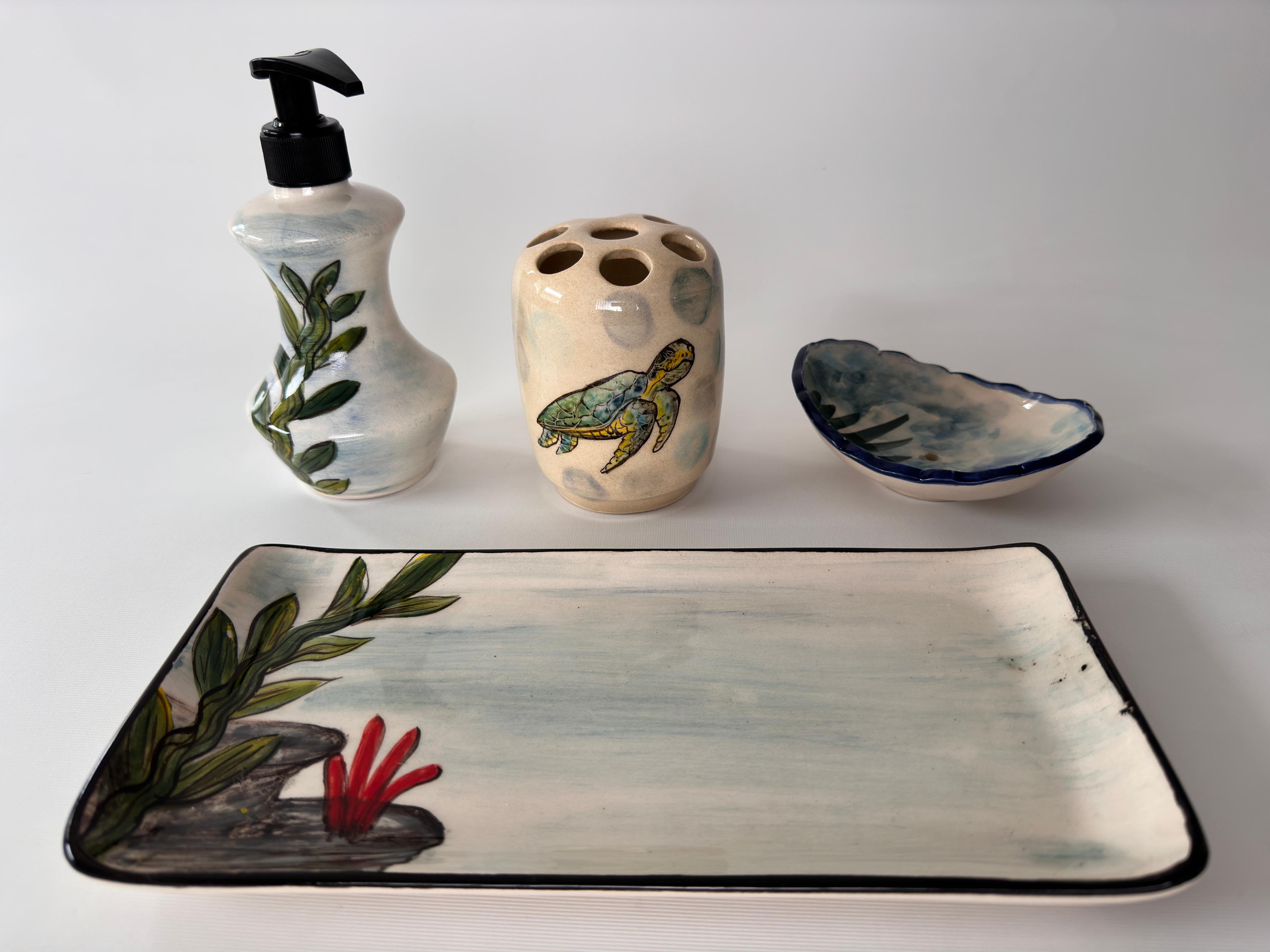 Hand Painted Ceramic Bathroom Accessory Set - Sea Turtle