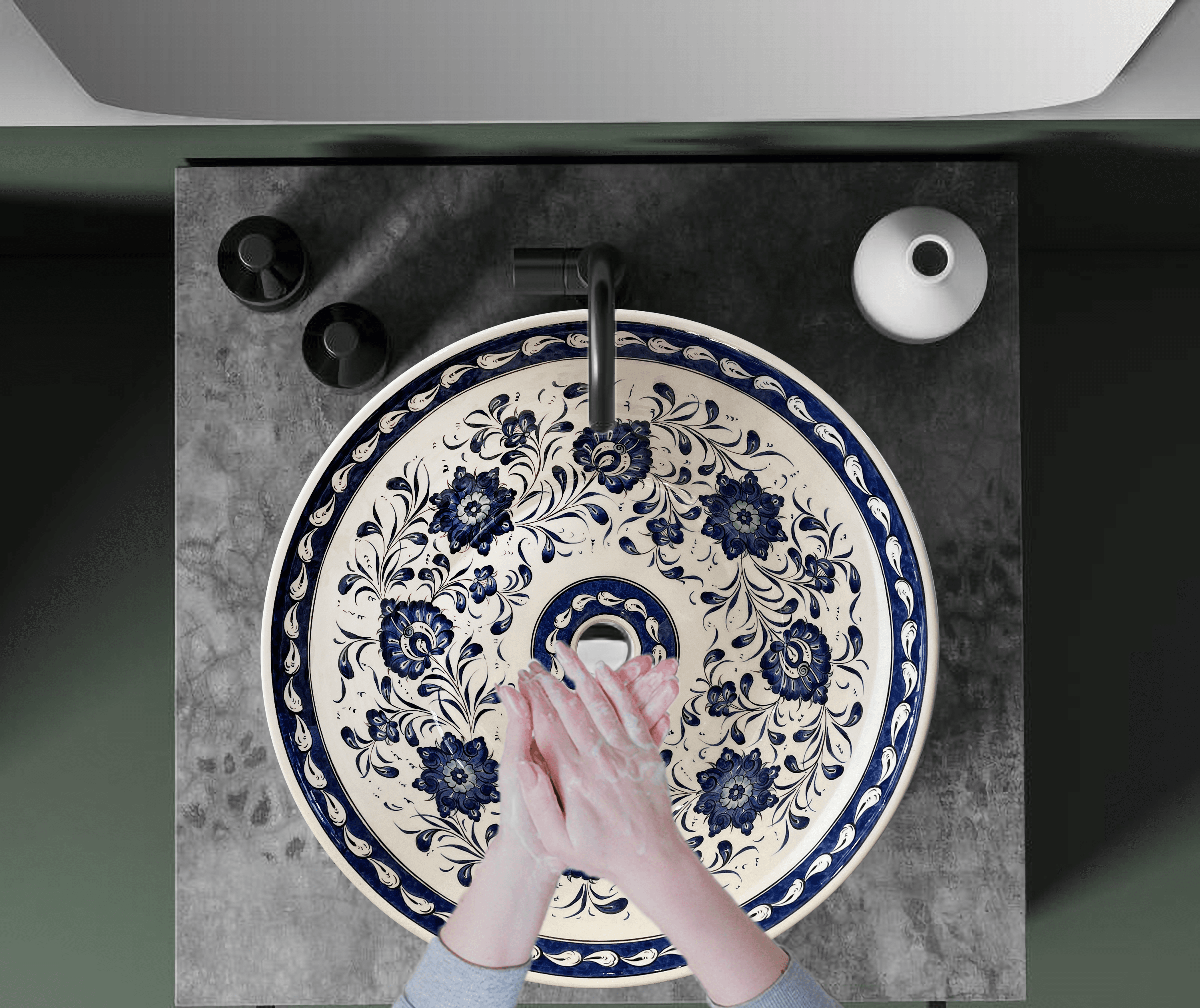 Hand Painted Bathroom Vanity Top Ceramic Vessel Sink - Blue Lotus