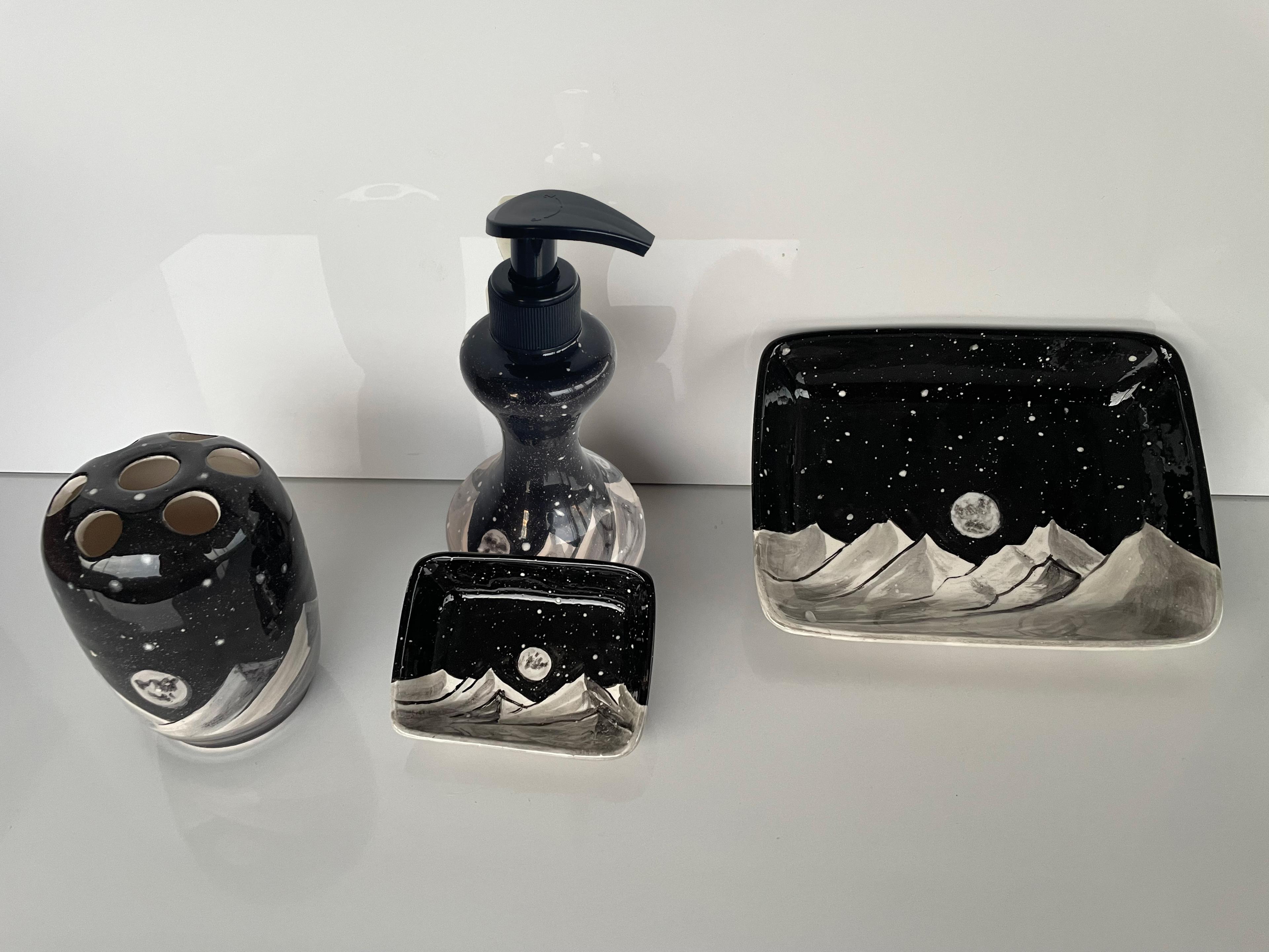 Hand Painted Ceramic Bathroom Accessory Set - Night and Moon