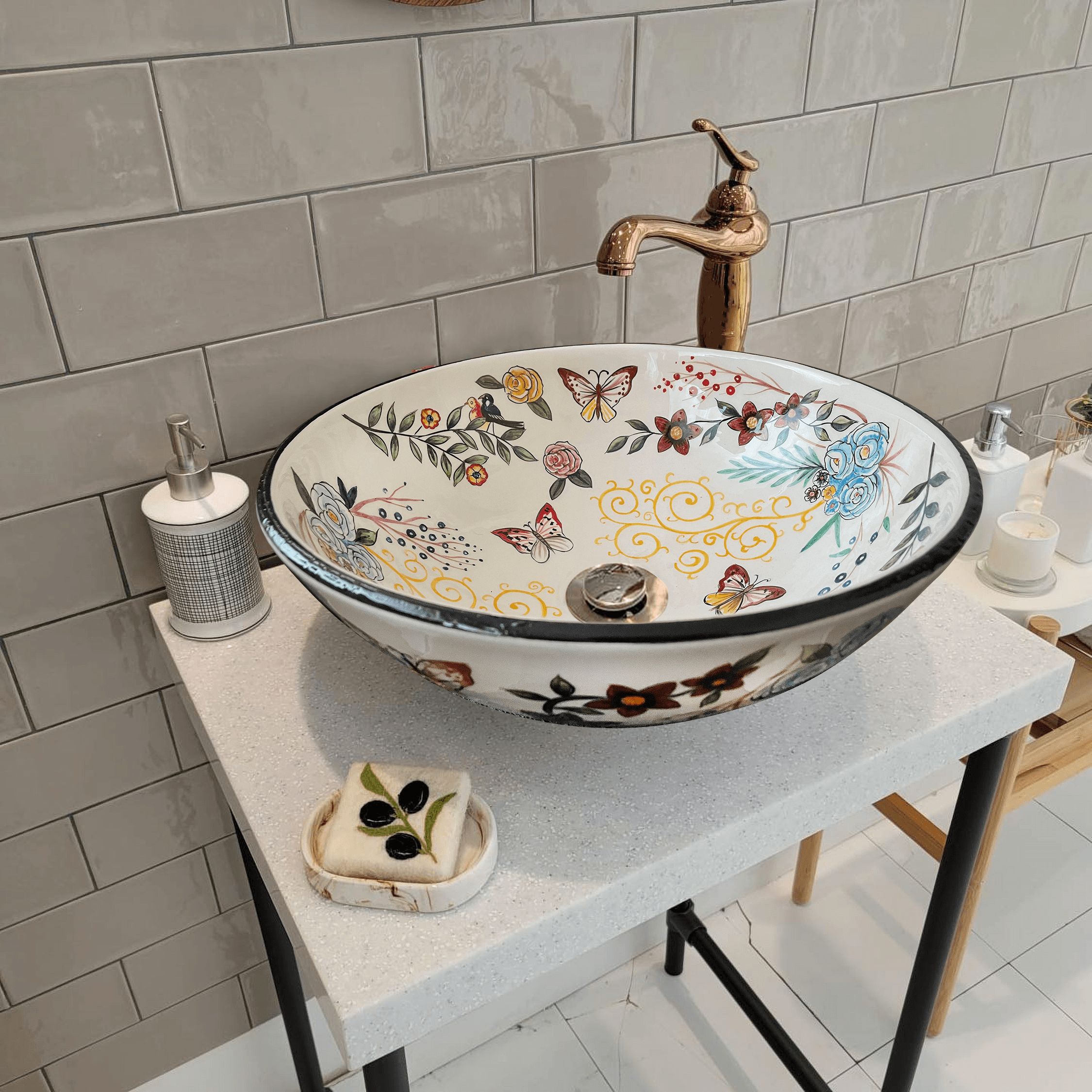 Bathroom Countertop Ceramic Vessel Sink - Butterfly and Flowers