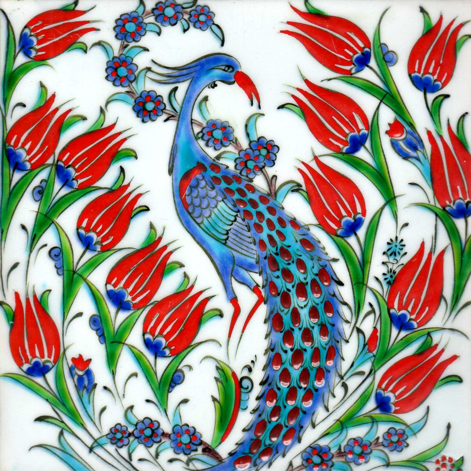 Hand Painted Ceramic Tile -  Handmade Decorative Peacock & Floral Patterned Tile - 8 in [20Cm] - Zeem Ceramic