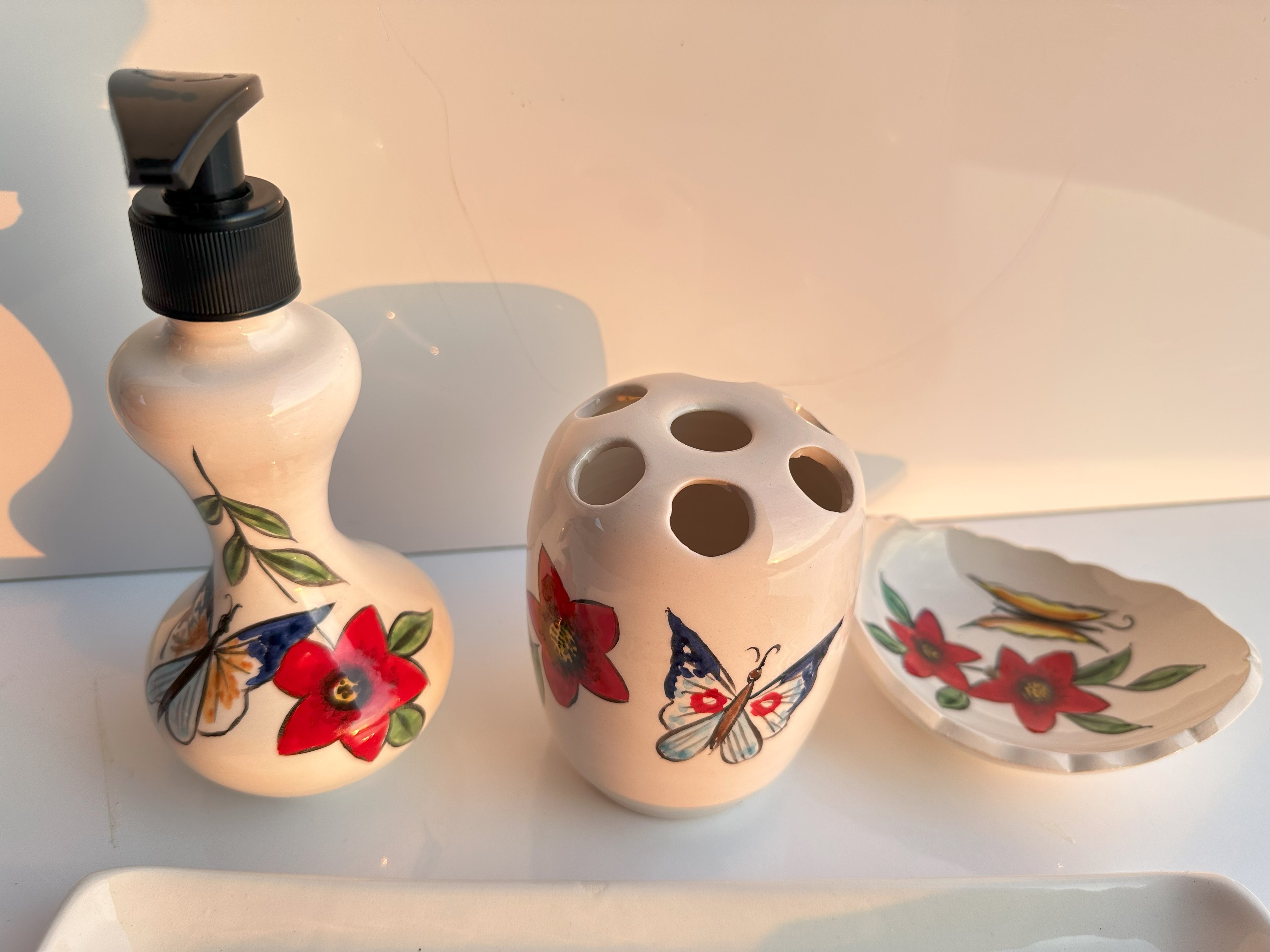 Hand Painted Ceramic Bathroom Accessory Set - Birds and Butterflies