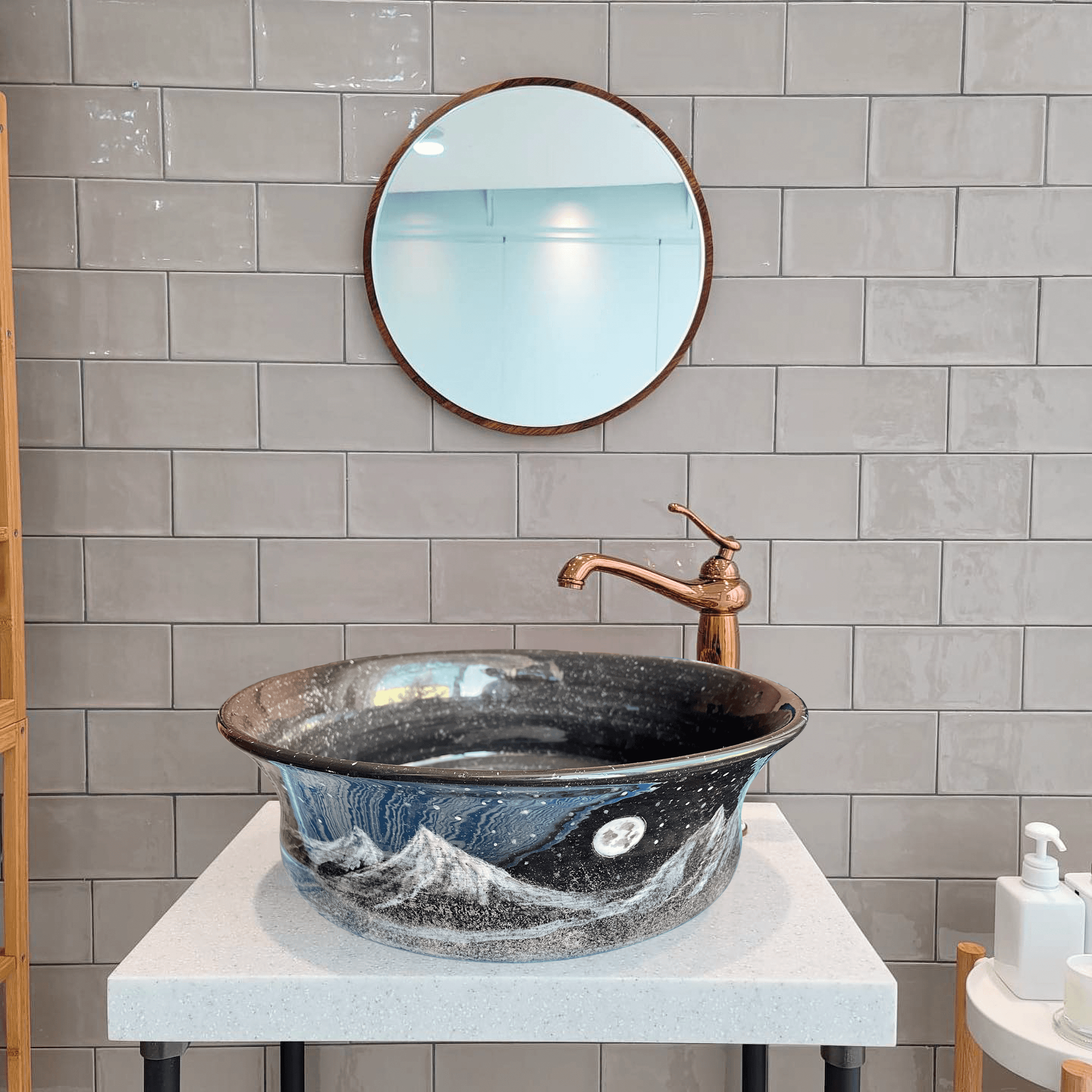 Bathroom Countertop Ceramic Vessel Sink - Black Night and Moon